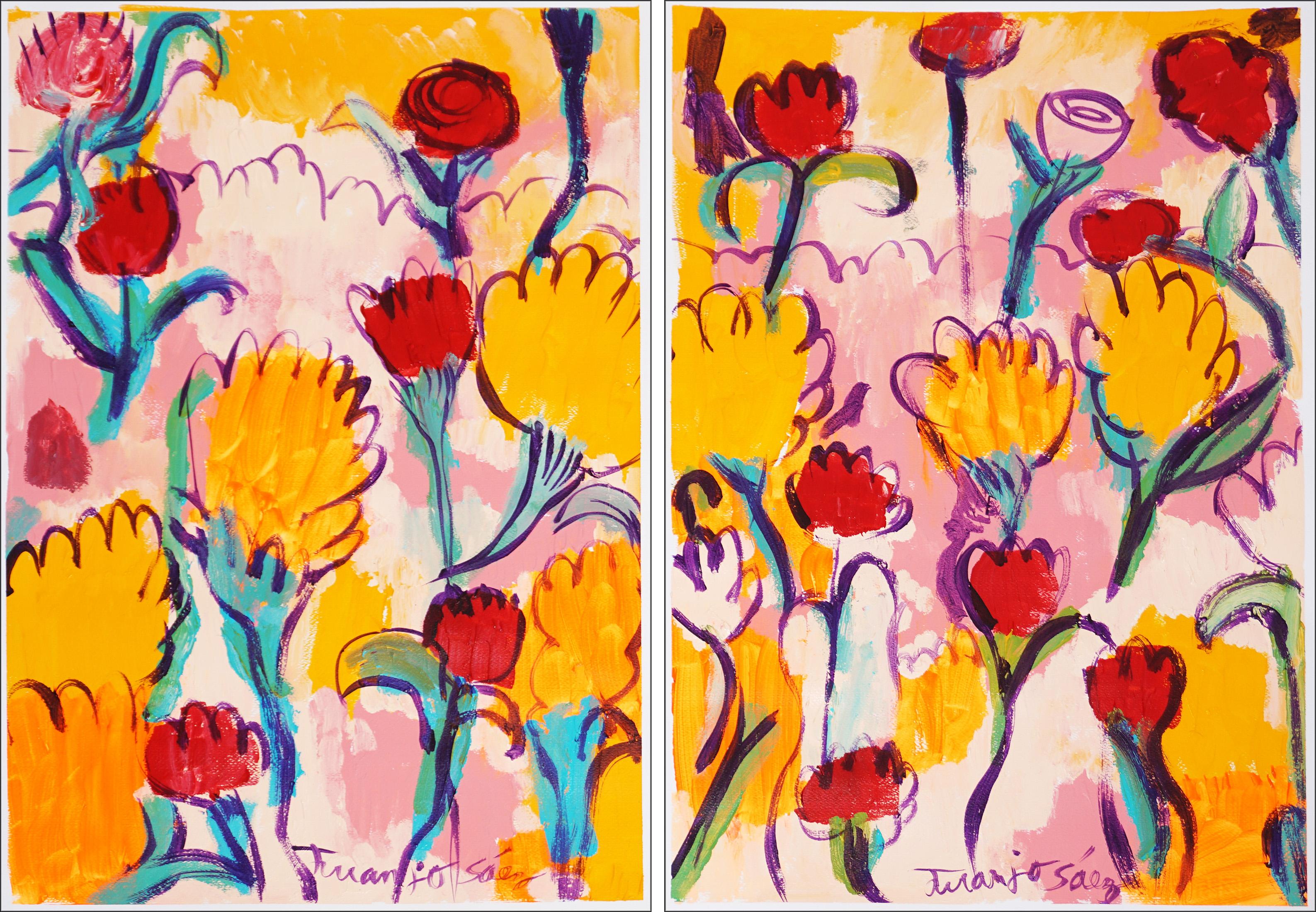 Fiori per Melissa, dittico di bouquet dai toni della terra, Faux Naïf, su carta, giallo