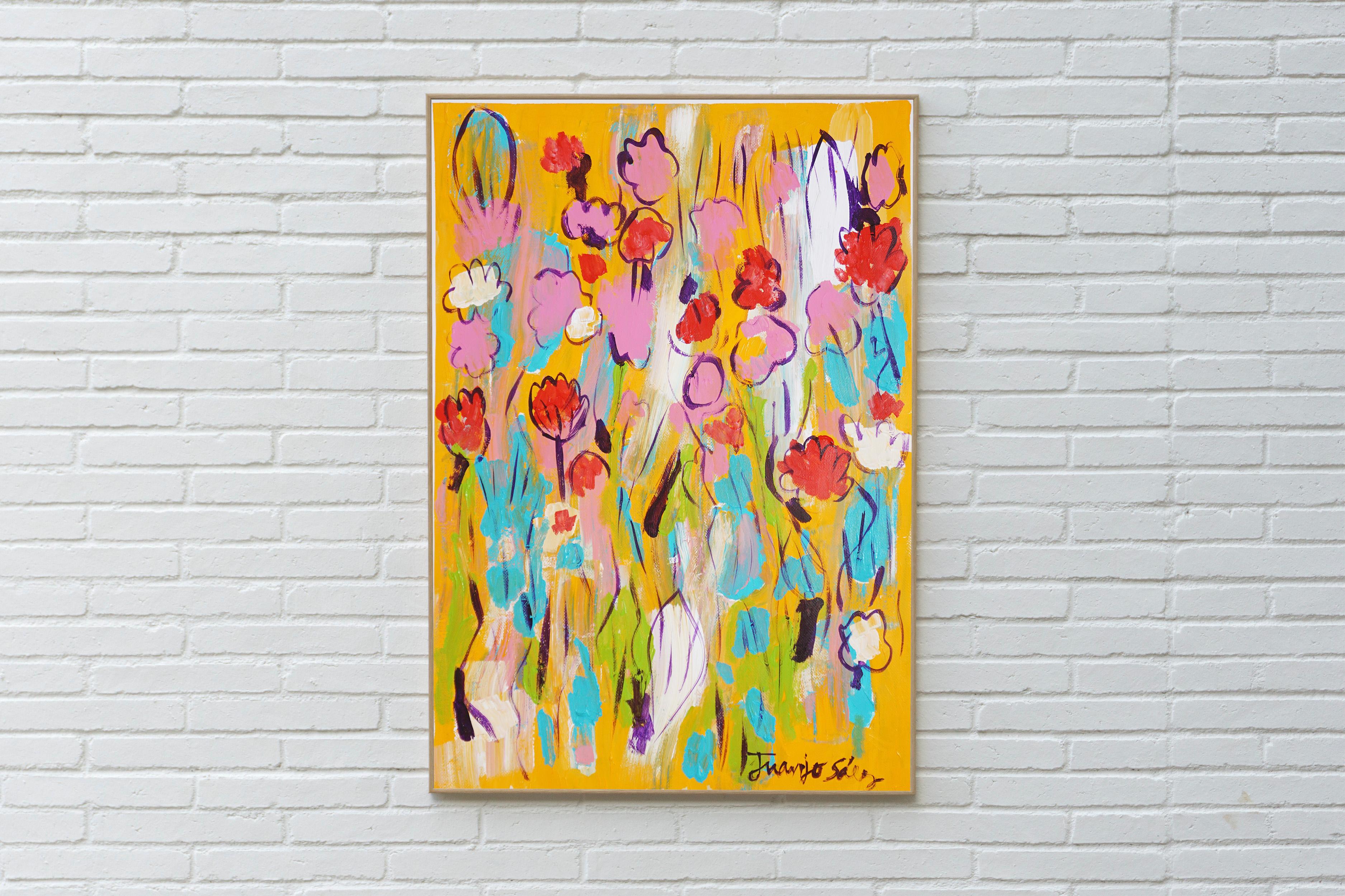 Flowers in the Field, Wild Flowers in Pink & Red, Expressionist Gestures, Paper - Painting by Juanjo Saez