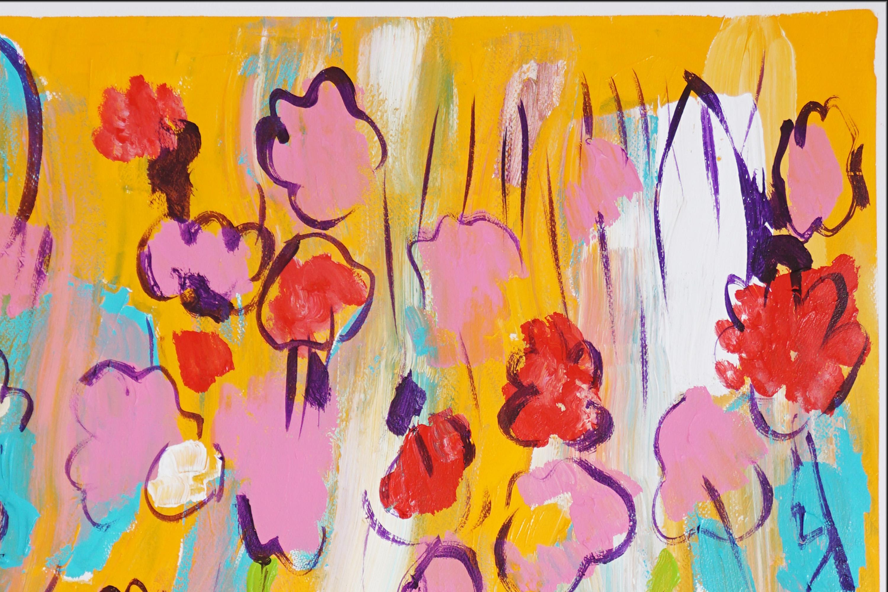 Flowers in the Field, Wild Flowers in Pink & Red, Expressionist Gestures, Paper - Beige Landscape Painting by Juanjo Saez