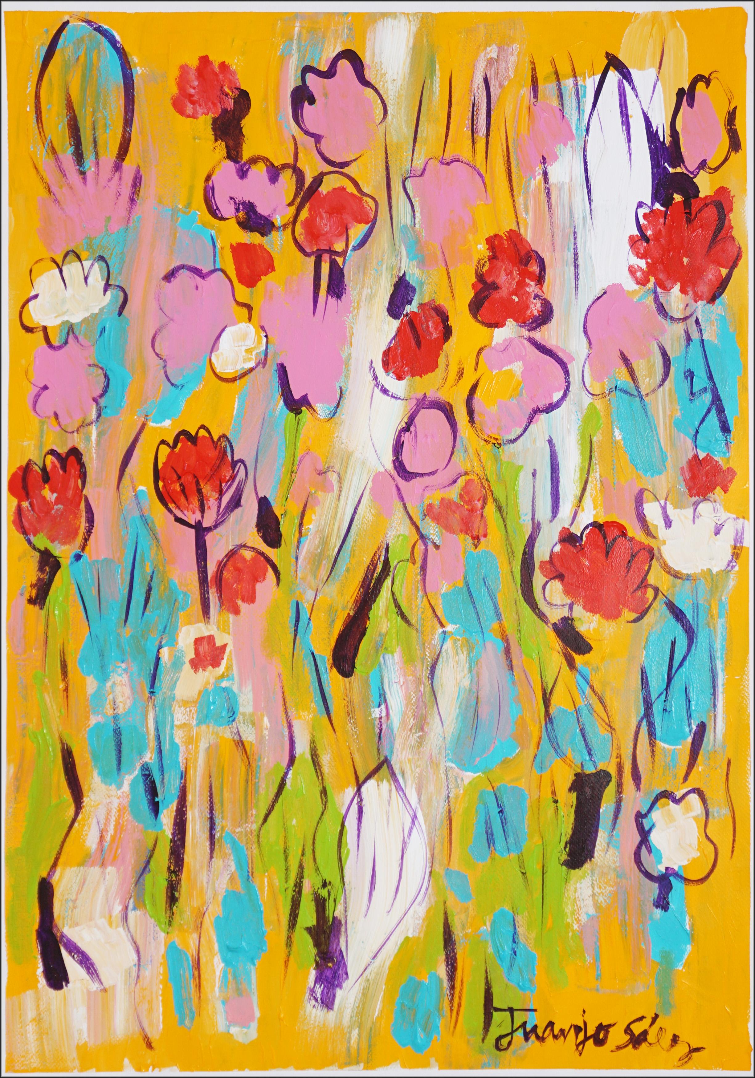 Juanjo Saez Landscape Painting - Flowers in the Field, Wild Flowers in Pink & Red, Expressionist Gestures, Paper