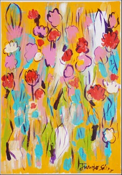 Flowers in the Field, Wild Flowers in Pink & Red, Expressionist Gestures, Paper