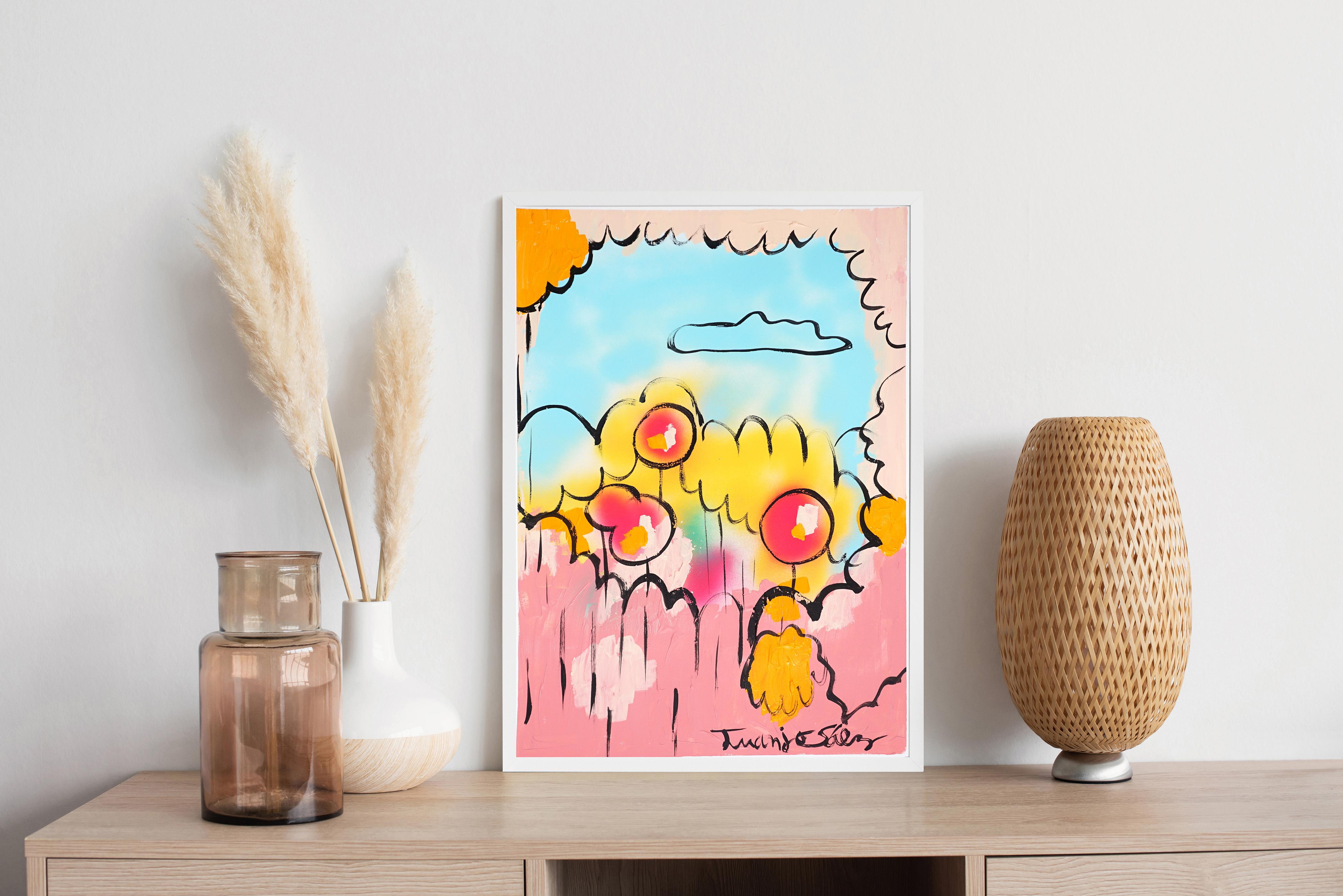 Landscape with Lollipops, Contemporary Painting, Expressive Landscape on Paper - Beige Landscape Painting by Juanjo Saez