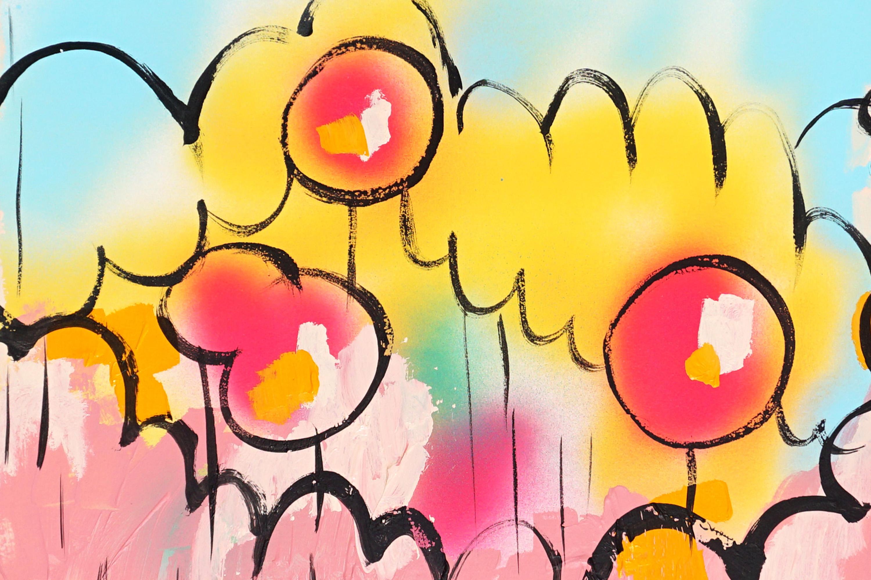 Landscape with Lollipops is a vibrant painting by Juanjo Sáez that merges abstraction with lyrical gesture. Layers of spray paint and brushwork create a dreamlike landscape, where bold red spheres float against shifting fields of blue, pink, and