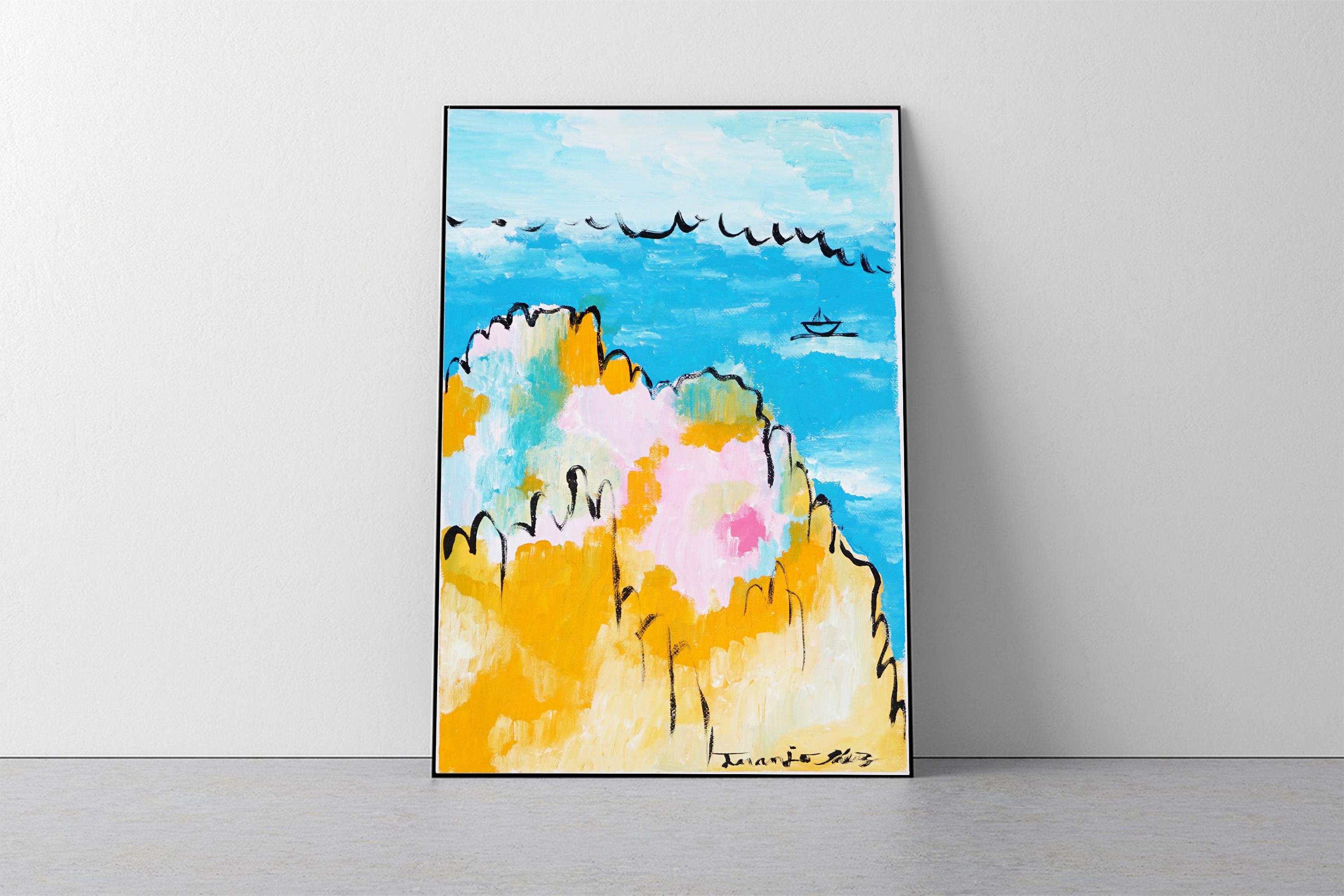 Mediterranean, Abstract vs Figurative Seascape, Coastal Painting, Faux Naïf 2025 - Beige Landscape Painting by Juanjo Saez