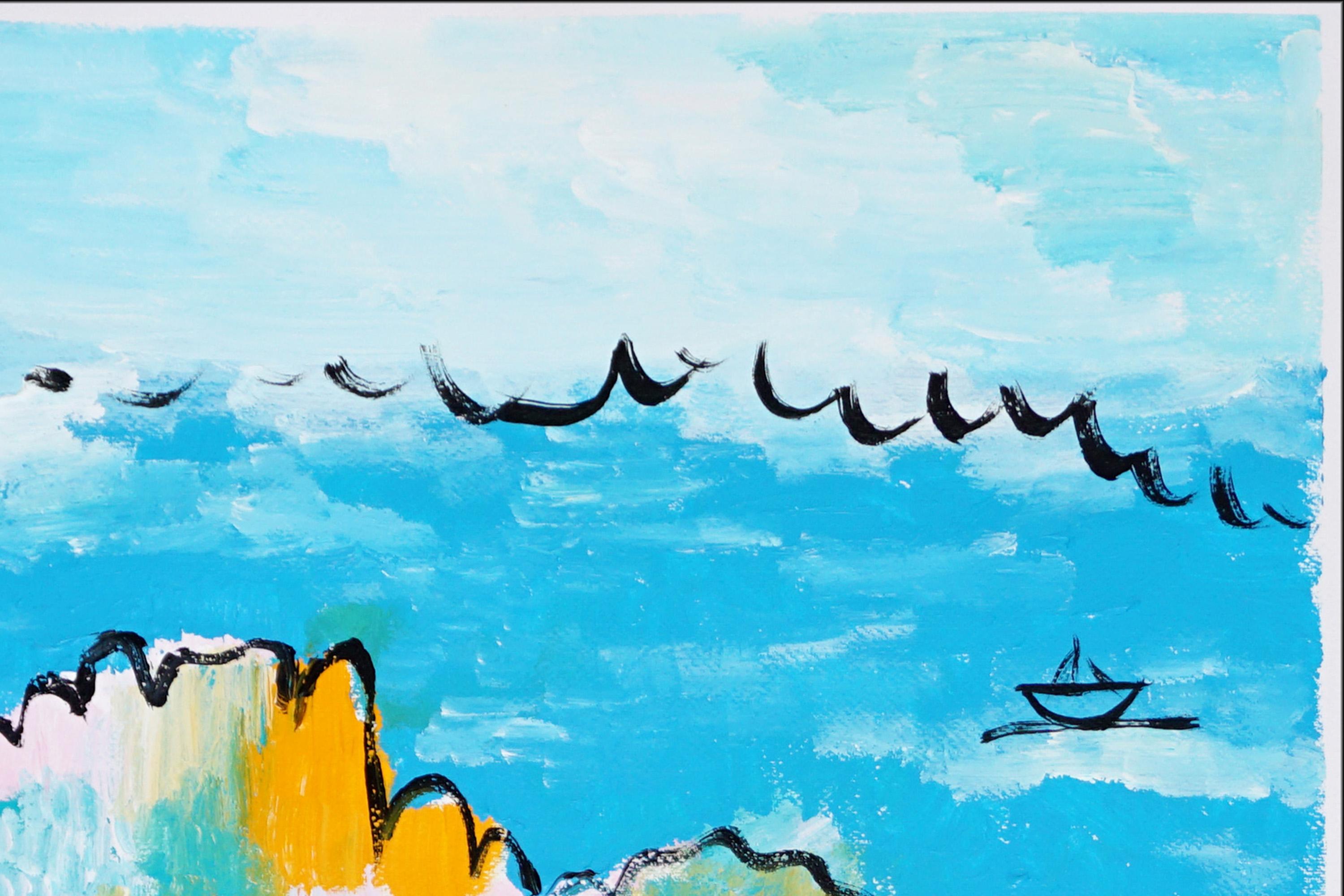 Mediterranean, Abstract vs Figurative Seascape, Coastal Painting, Faux Naïf 2025 For Sale 1