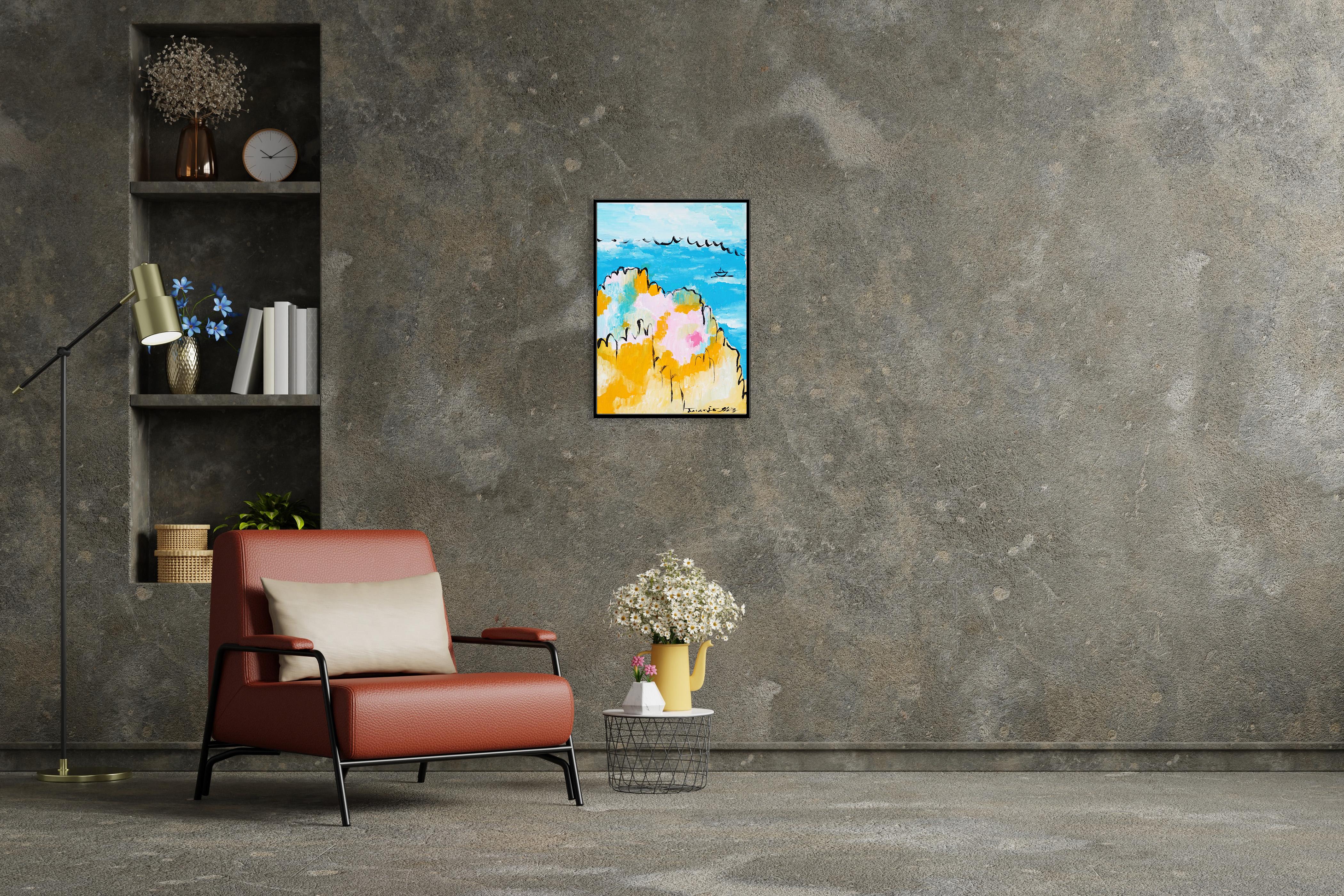 Mediterranean, Abstract vs Figurative Seascape, Coastal Painting, Faux Naïf 2025 For Sale 2