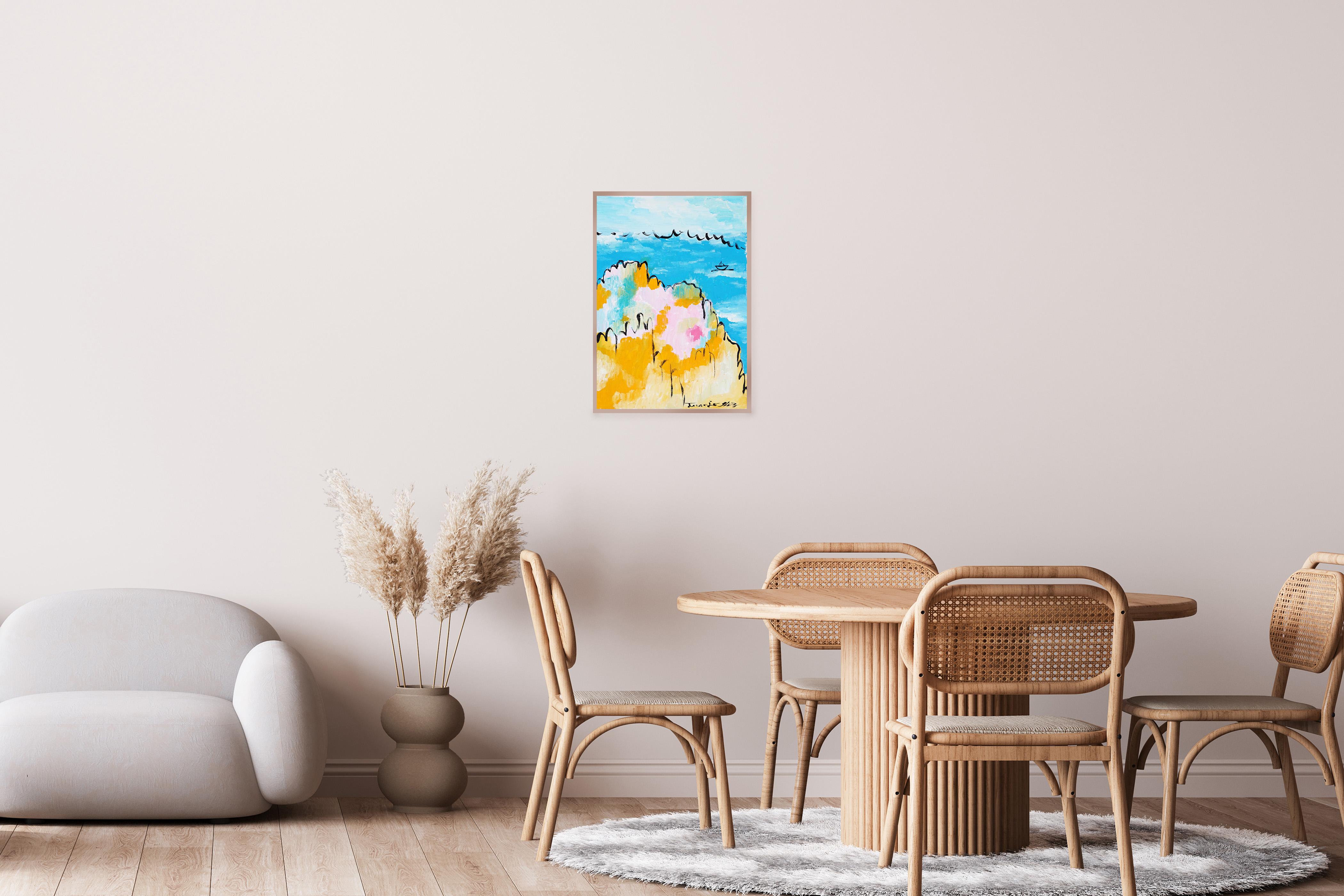 Mediterranean, Abstract vs Figurative Seascape, Coastal Painting, Faux Naïf 2025 For Sale 3