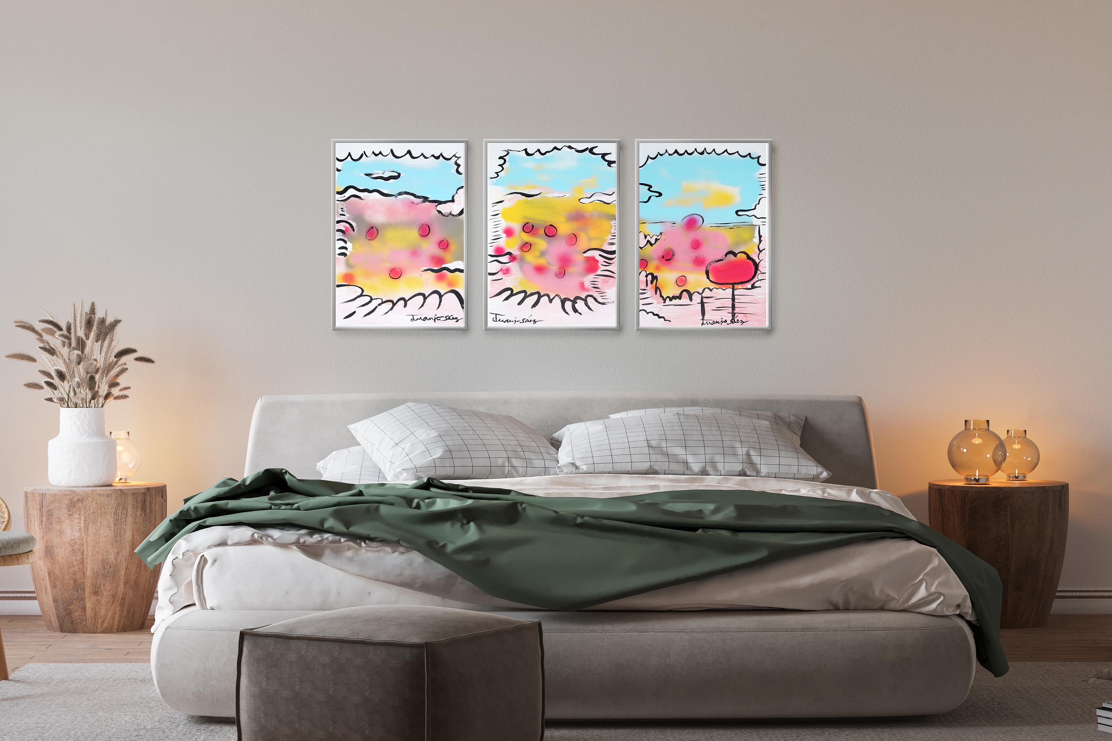 Mohnblumen über Grau, Zeitgenössisches Triptychon, Ausdrucksvolle Landschaft, Papier im Angebot 6