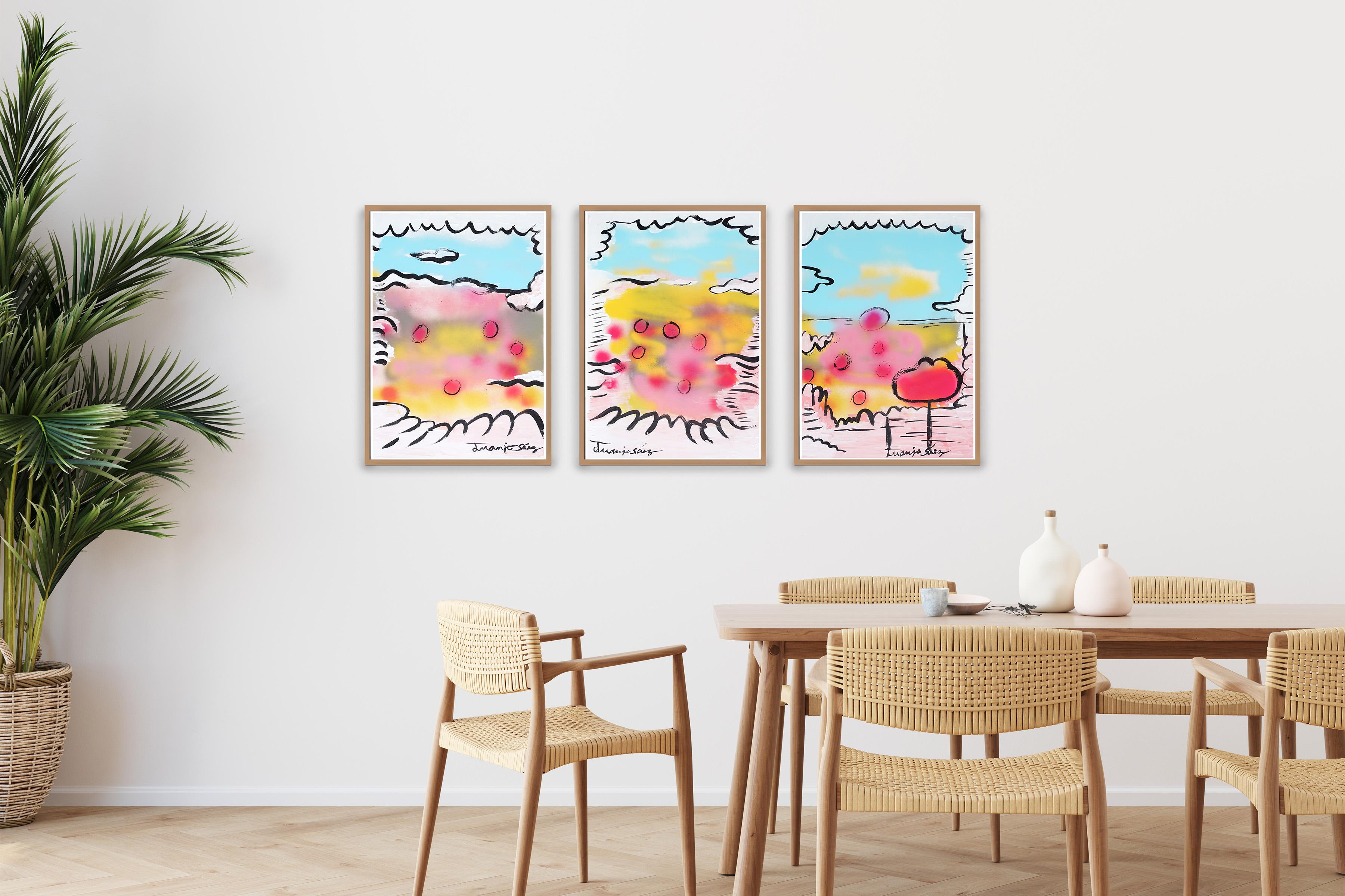 Mohnblumen über Grau, Zeitgenössisches Triptychon, Ausdrucksvolle Landschaft, Papier – Painting von Juanjo Saez