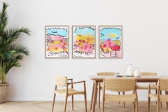 Poppies Over Gray, Contemporary Triptych Painting, Expressive Landscape, Paper