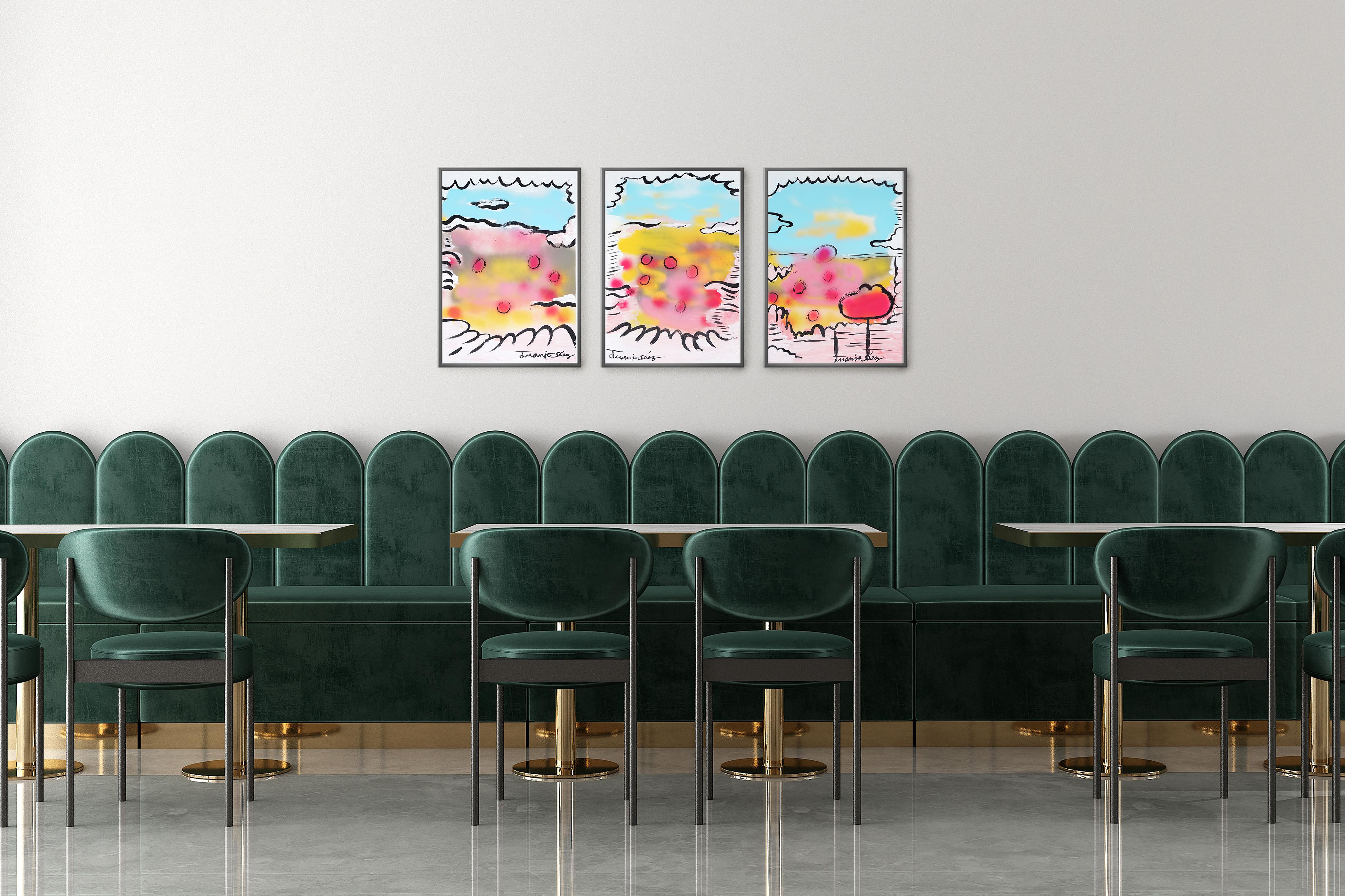Mohnblumen über Grau, Zeitgenössisches Triptychon, Ausdrucksvolle Landschaft, Papier (Amerikanischer Impressionismus), Painting, von Juanjo Saez