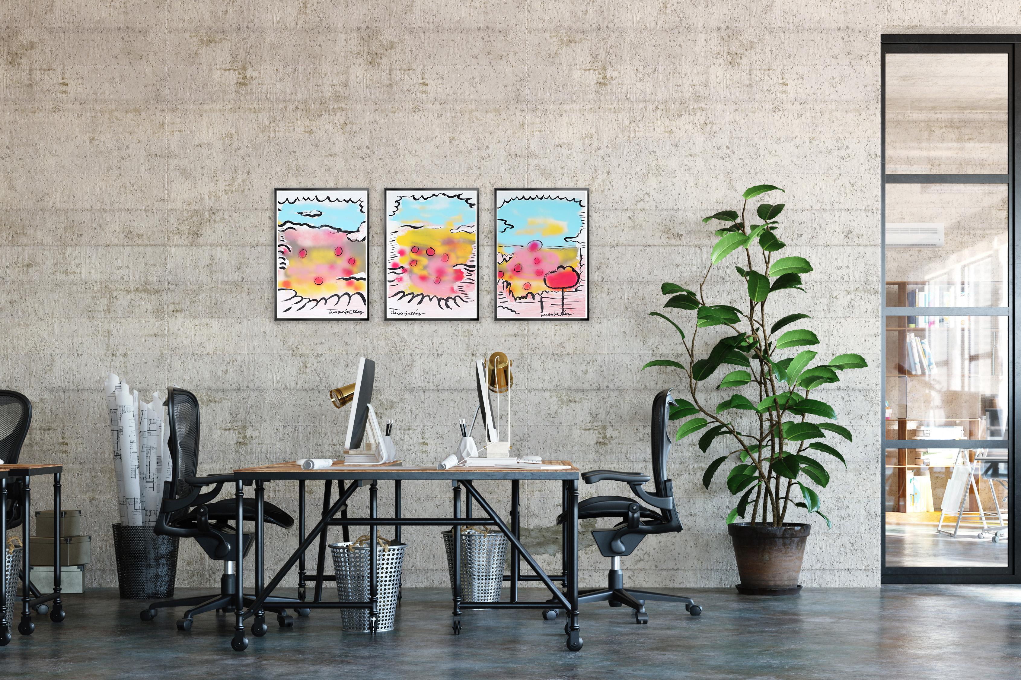 Mohnblumen über Grau, Zeitgenössisches Triptychon, Ausdrucksvolle Landschaft, Papier im Angebot 2