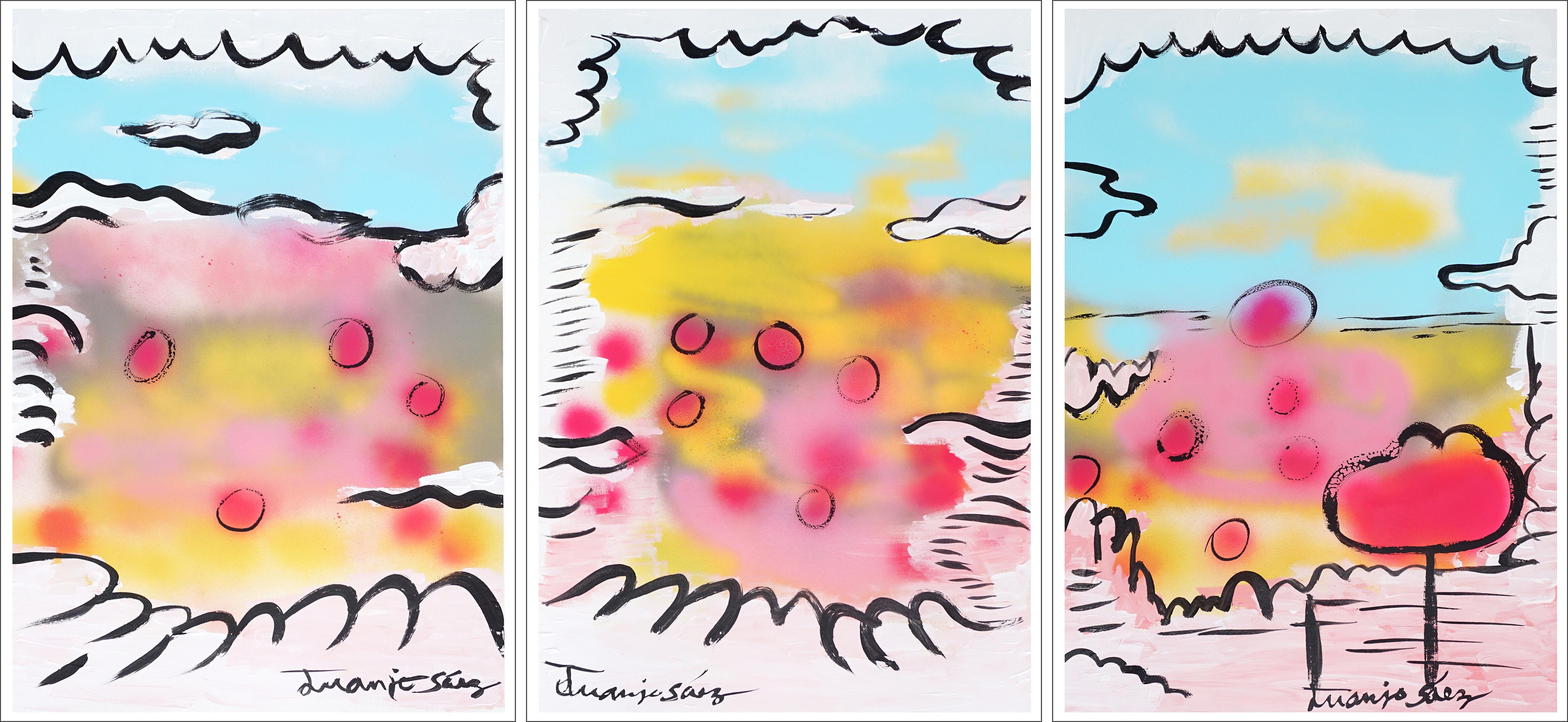 Juanjo Saez Landscape Painting – Mohnblumen über Grau, Zeitgenössisches Triptychon, Ausdrucksvolle Landschaft, Papier