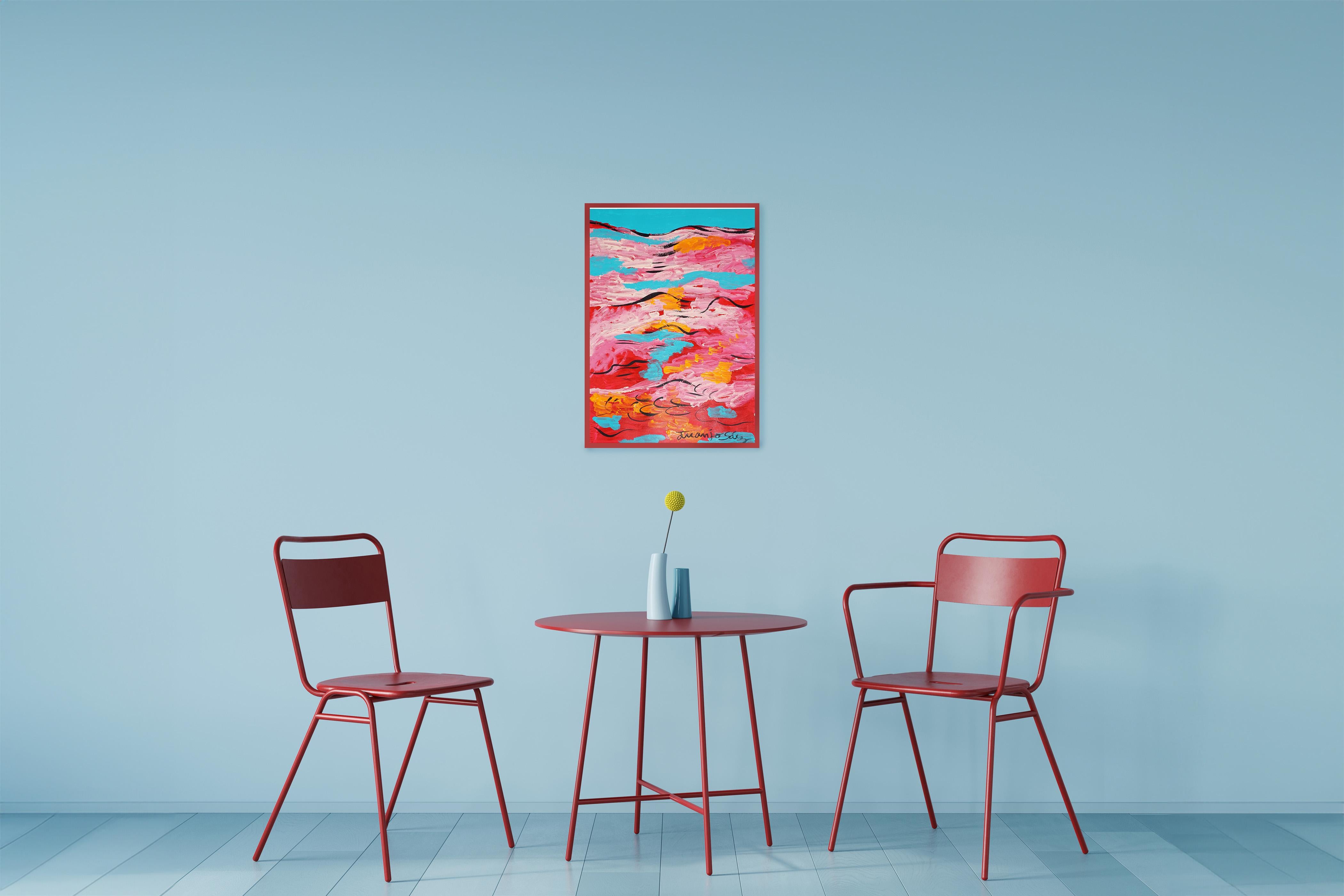Red Sea, Abstract Seascape in Red and Blue, Waves, Gestual Painting on Paper For Sale 4