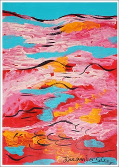 Mar Rojo, Paisaje Marino Abstracto en Rojo y Azul, Olas, Pintura Gestual sobre Papel