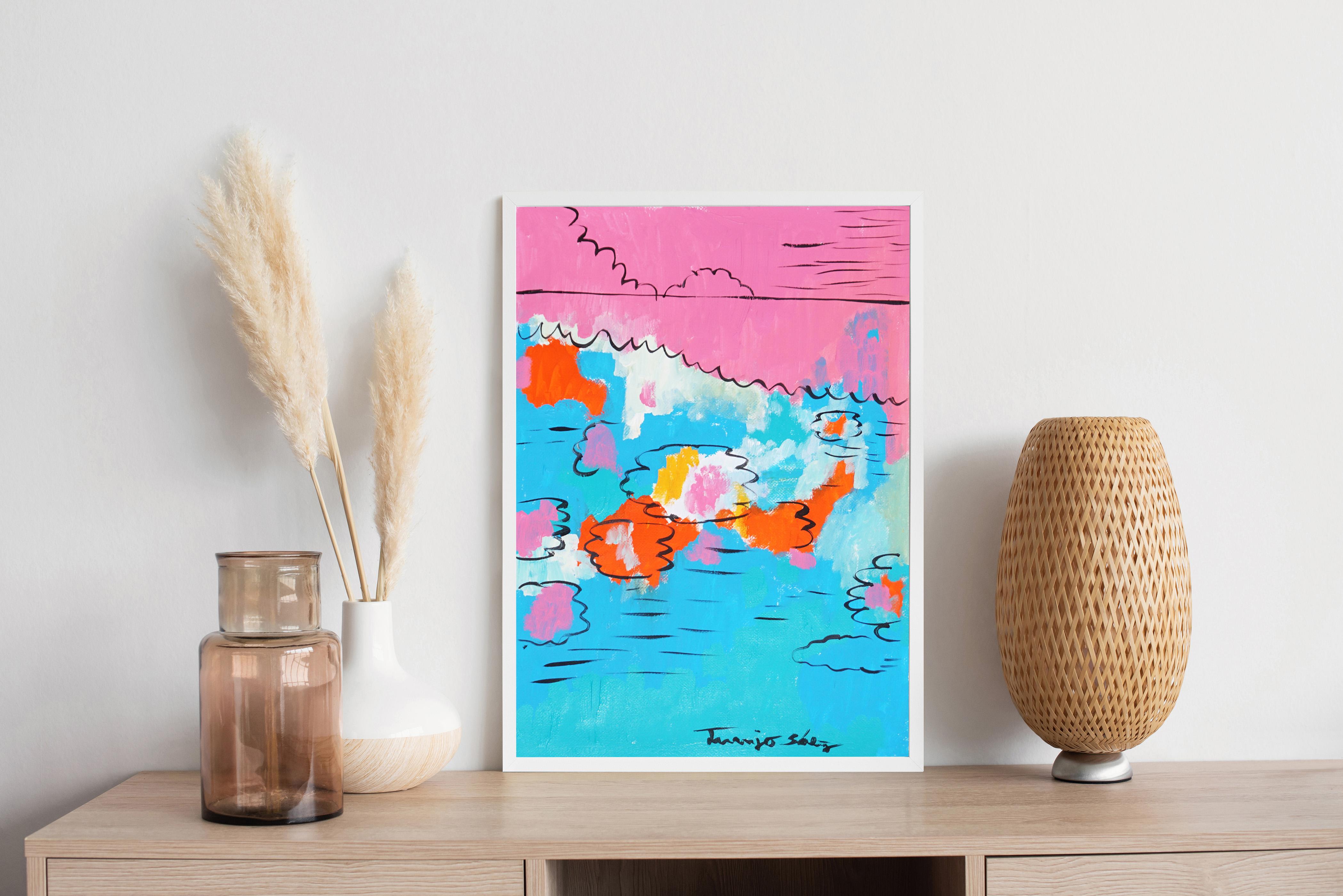 Reflections on Flowers in Water, Abstract Lilypad in Pink and Blue on Paper - Painting by Juanjo Saez
