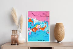 Reflets de fleurs dans l'eau, nénuphar abstrait en rose et bleu sur papier