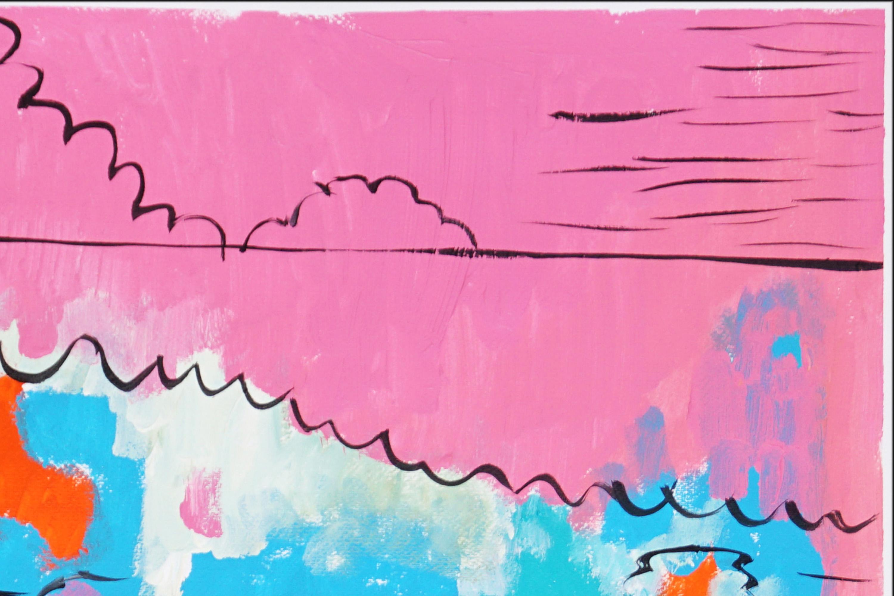 Reflections on Flowers in Water, Abstract Lilypad in Pink and Blue on Paper - Purple Landscape Painting by Juanjo Saez