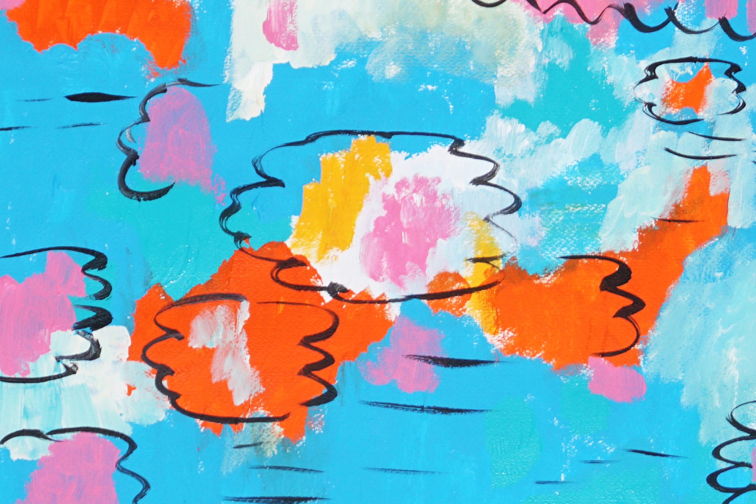 Reflections on Flowers in Water, Abstract Lilypad in Pink and Blue on Paper For Sale 1