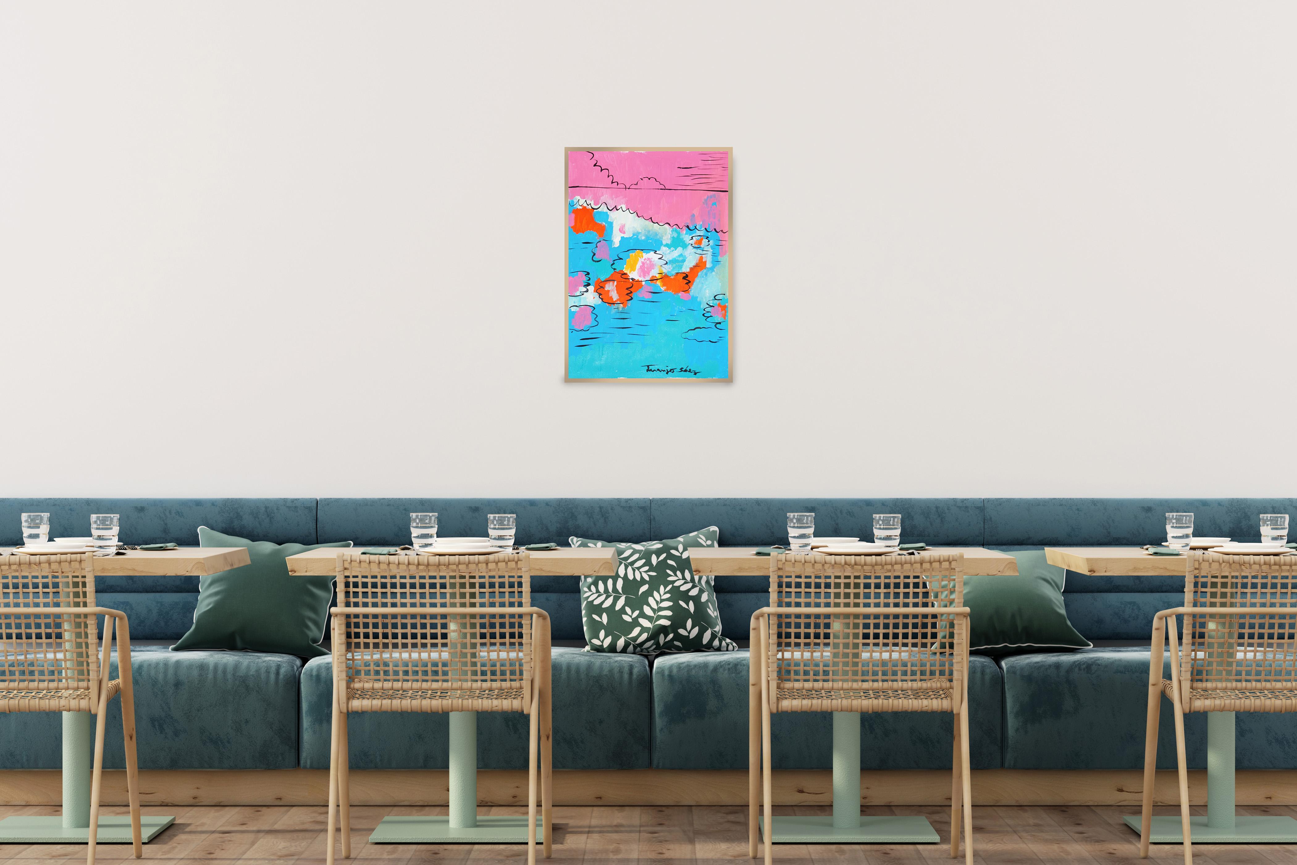 Reflections on Flowers in Water, Abstract Lilypad in Pink and Blue on Paper For Sale 2