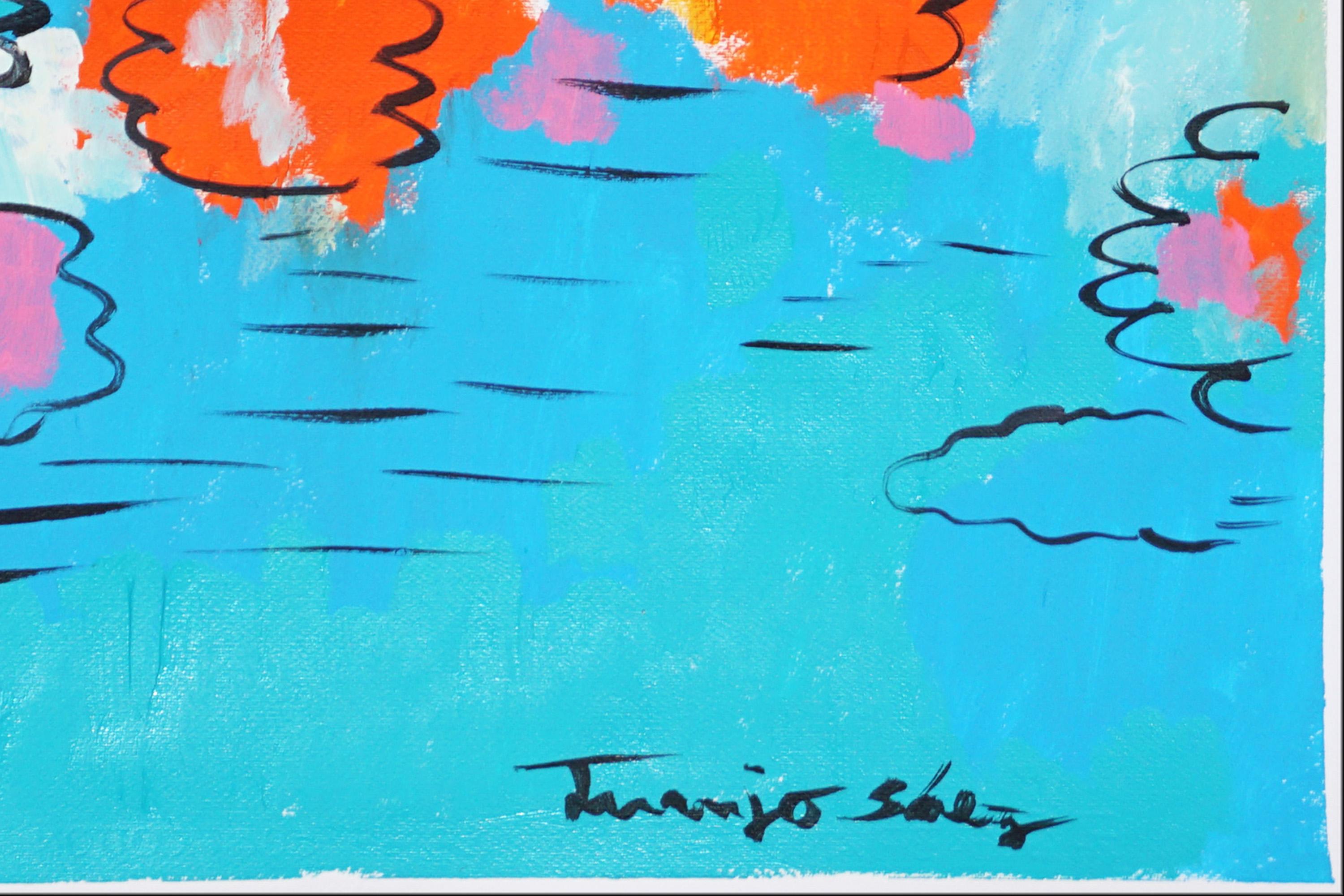 Reflections on Flowers in Water, Abstract Lilypad in Pink and Blue on Paper For Sale 3
