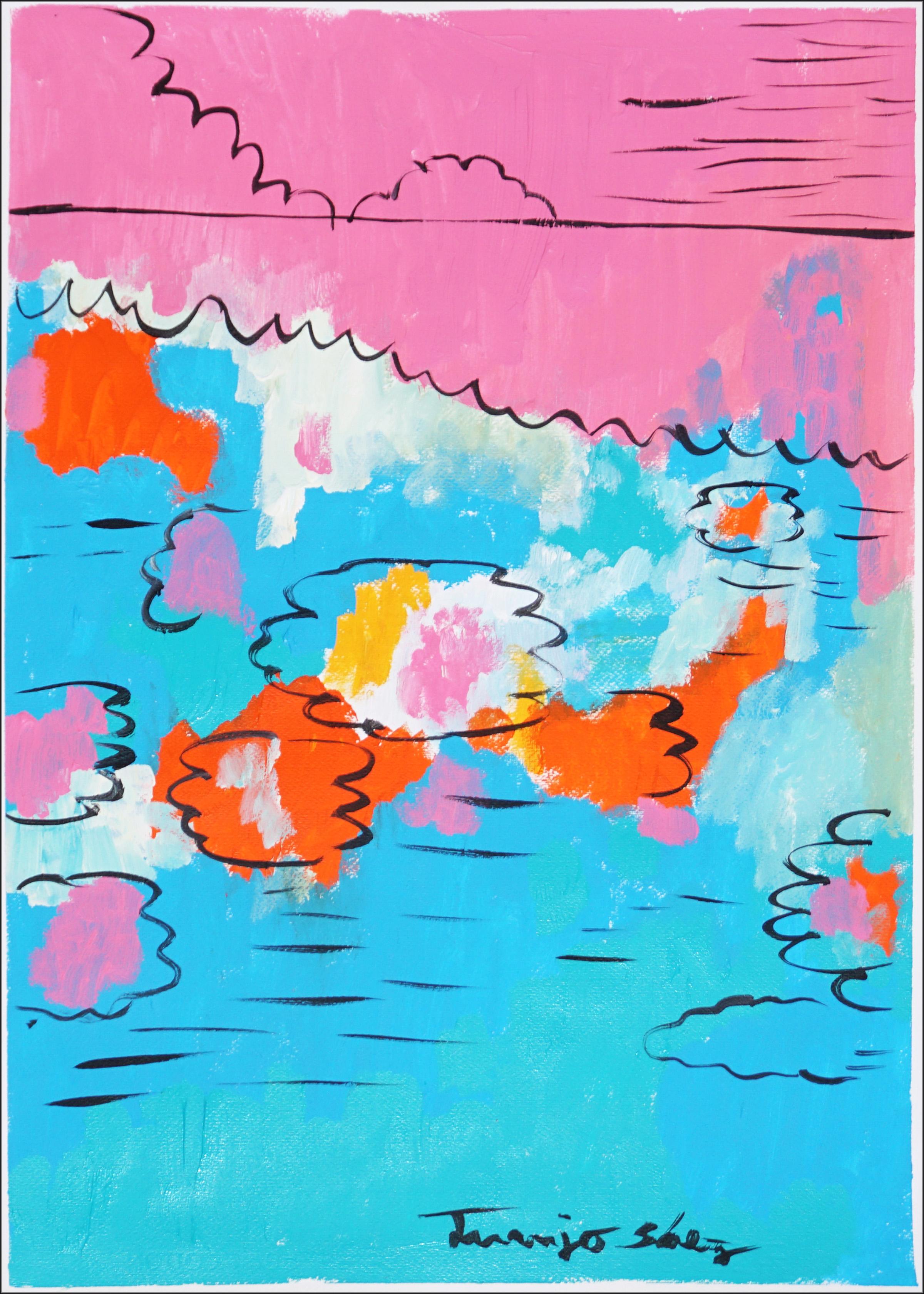 Juanjo Saez Landscape Painting - Reflections on Flowers in Water, Abstract Lilypad in Pink and Blue on Paper