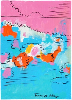 Reflections on Flowers in Water, Abstract Lilypad in Pink and Blue on Paper