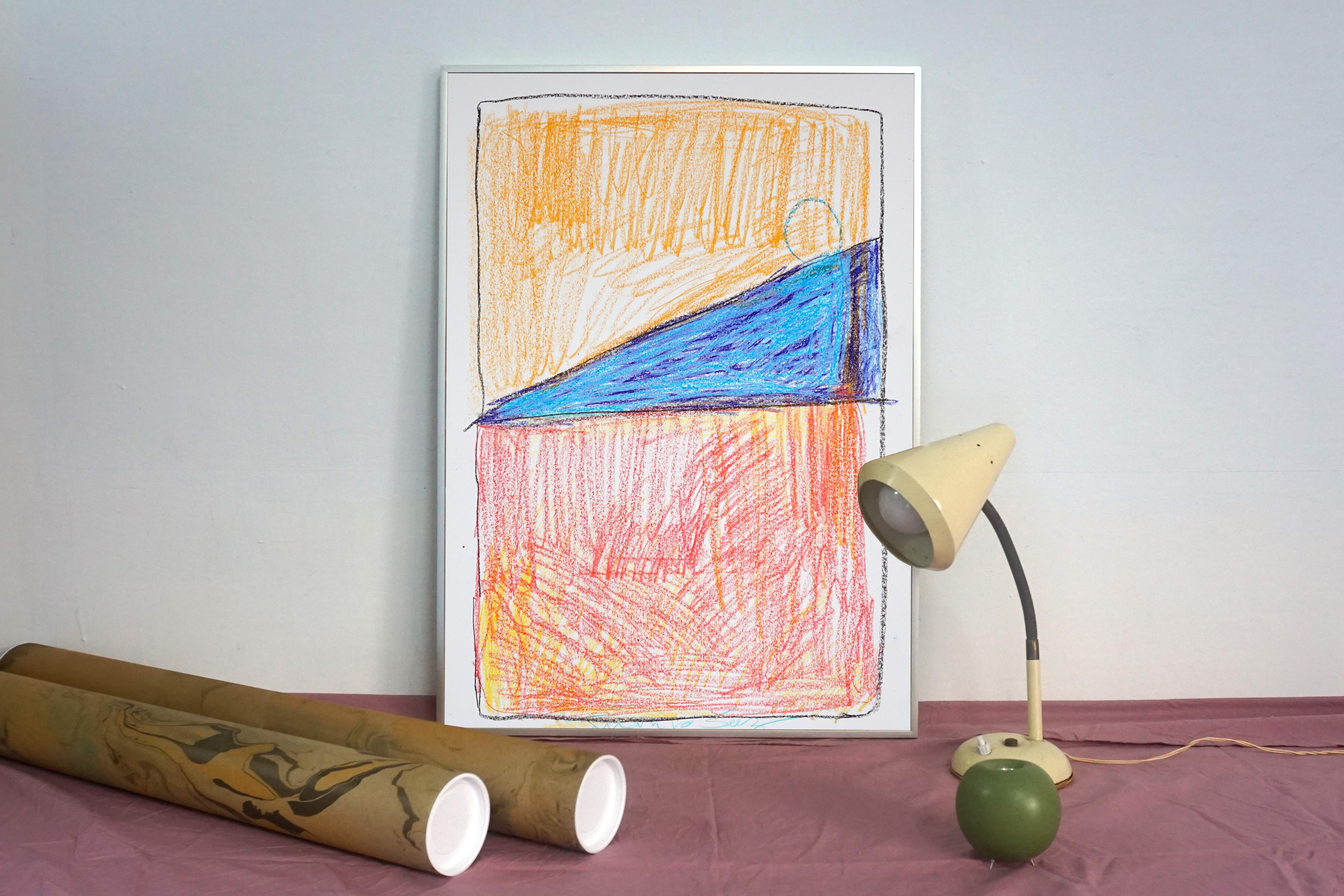 Wooden Architecture, Abstract Geometric Totem in Primary Tones, Expressionist - Beige Landscape Painting by Juanjo Saez