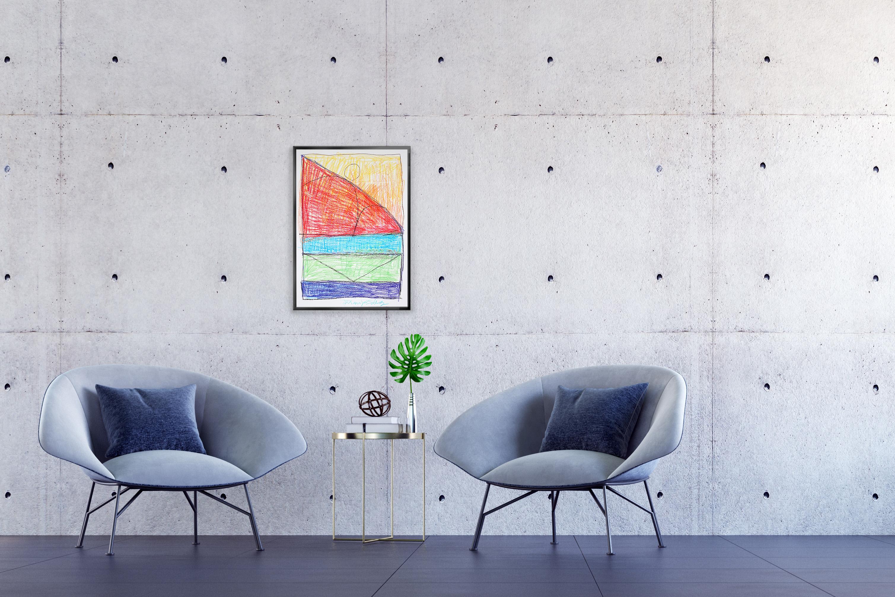 Wooden Architecture Building,  Expressionist Geometric Drawing Gestures, Paper - American Impressionist Painting by Juanjo Saez