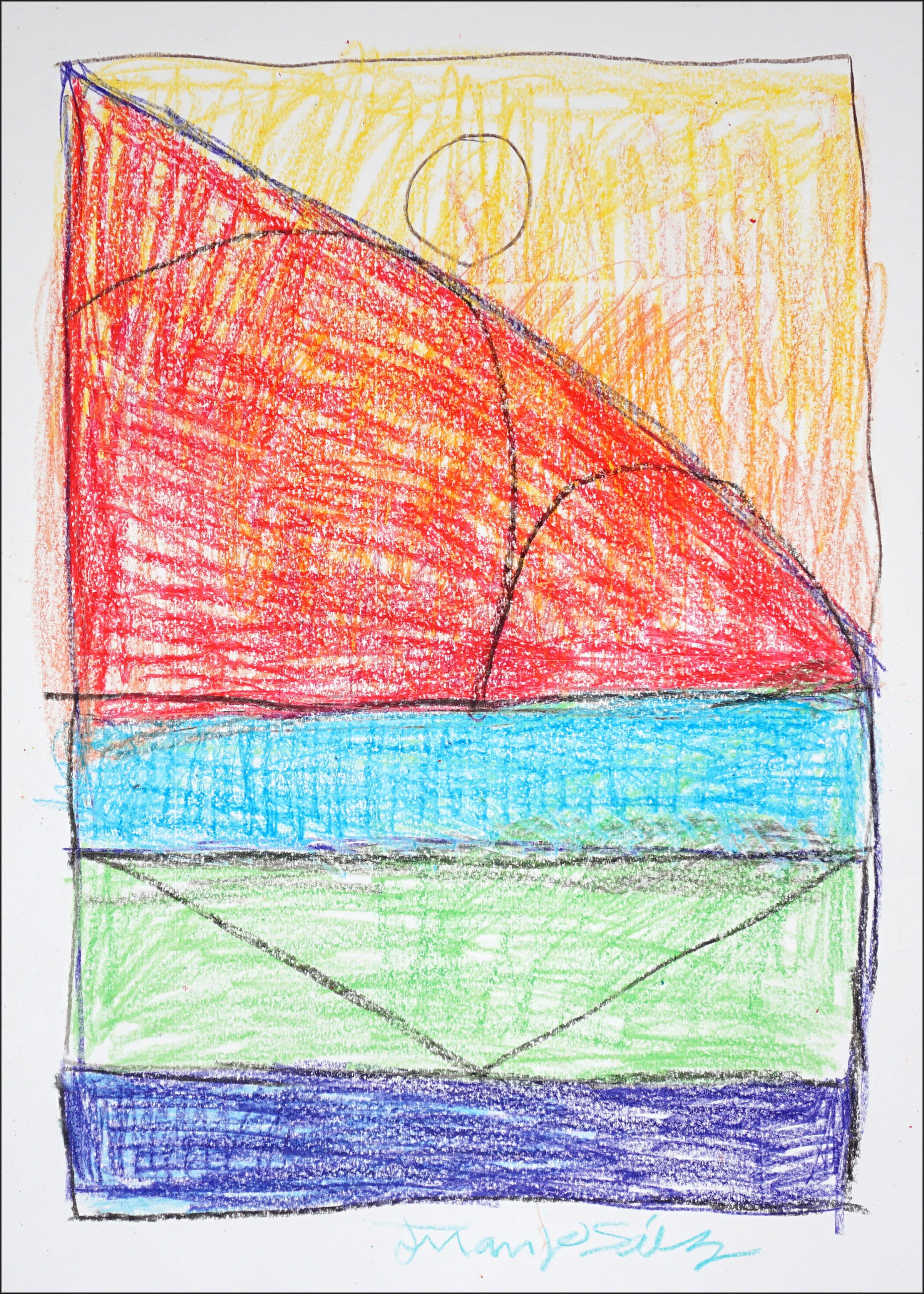 Wooden Architecture Building,  Expressionist Geometric Drawing Gestures, Paper - Beige Landscape Painting by Juanjo Saez