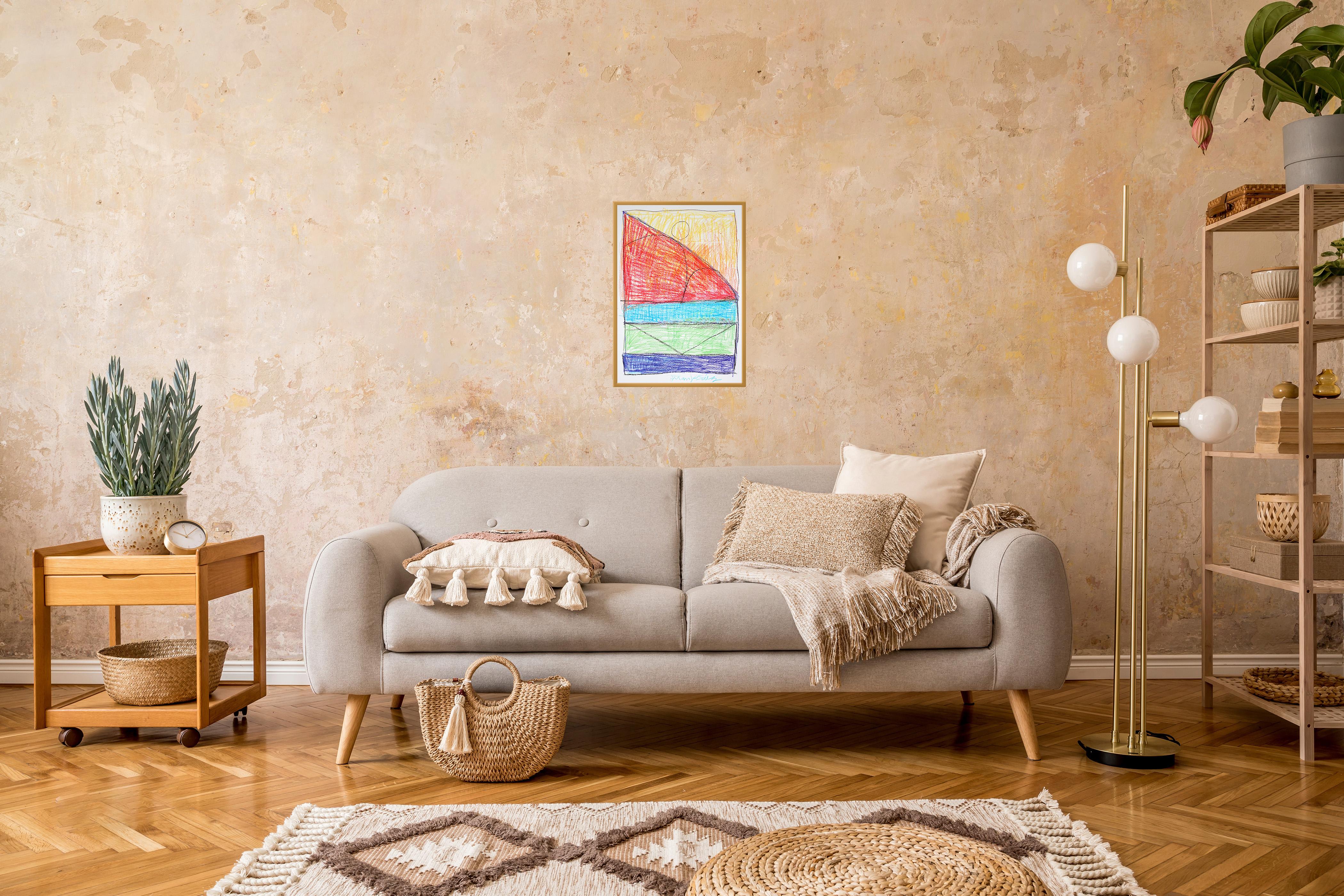 Wooden Achitecture I is a playful and expressive drawing that reimagines the familiar shape of a house through bold color blocks and dynamic crayon textures. With its geometric simplicity and vibrant palette, the work channels childlike wonder while