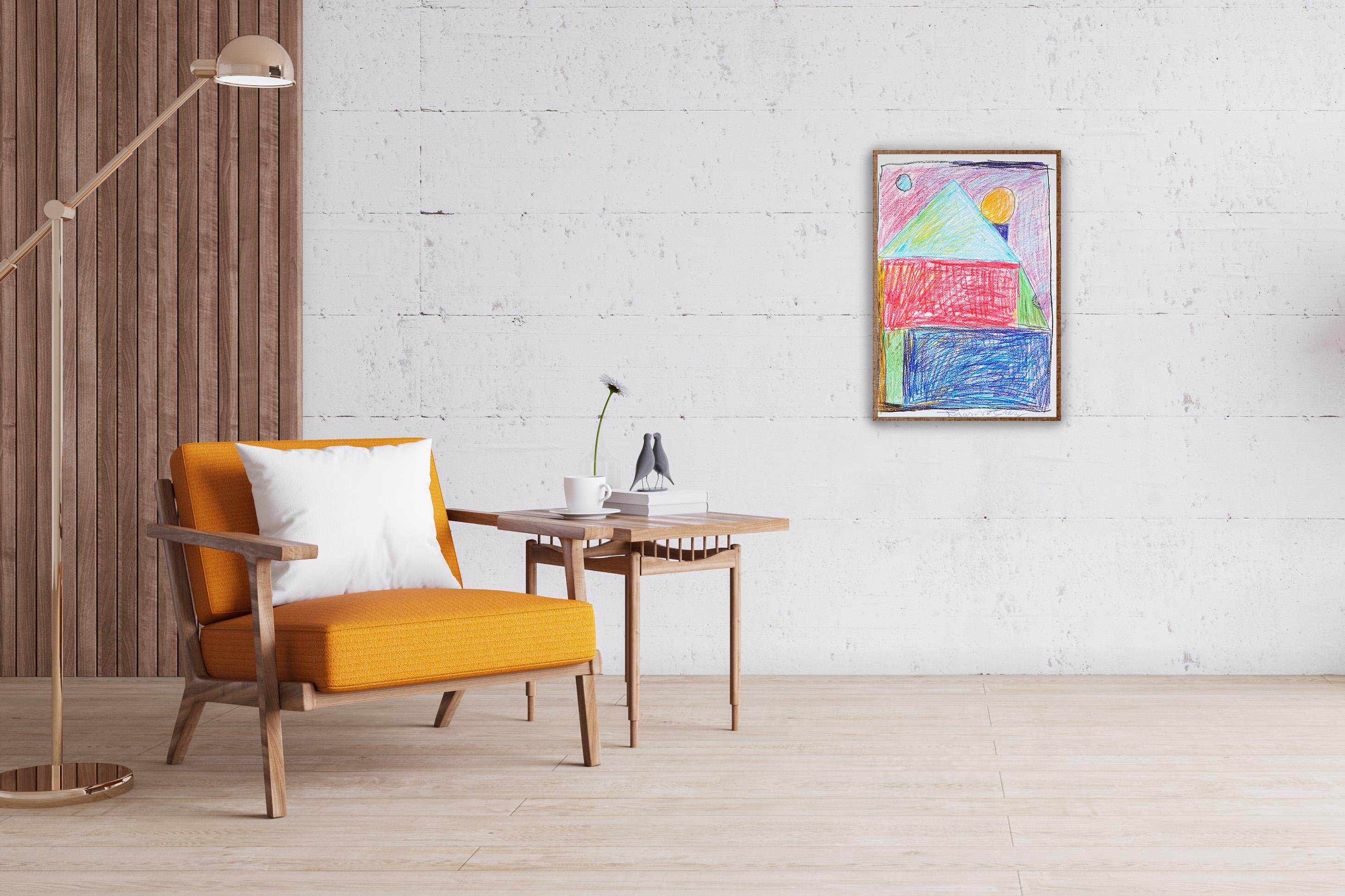 Wooden House, Colorful Geometric Art, Contemporary Naive, Expressive Crayon - Painting by Juanjo Saez
