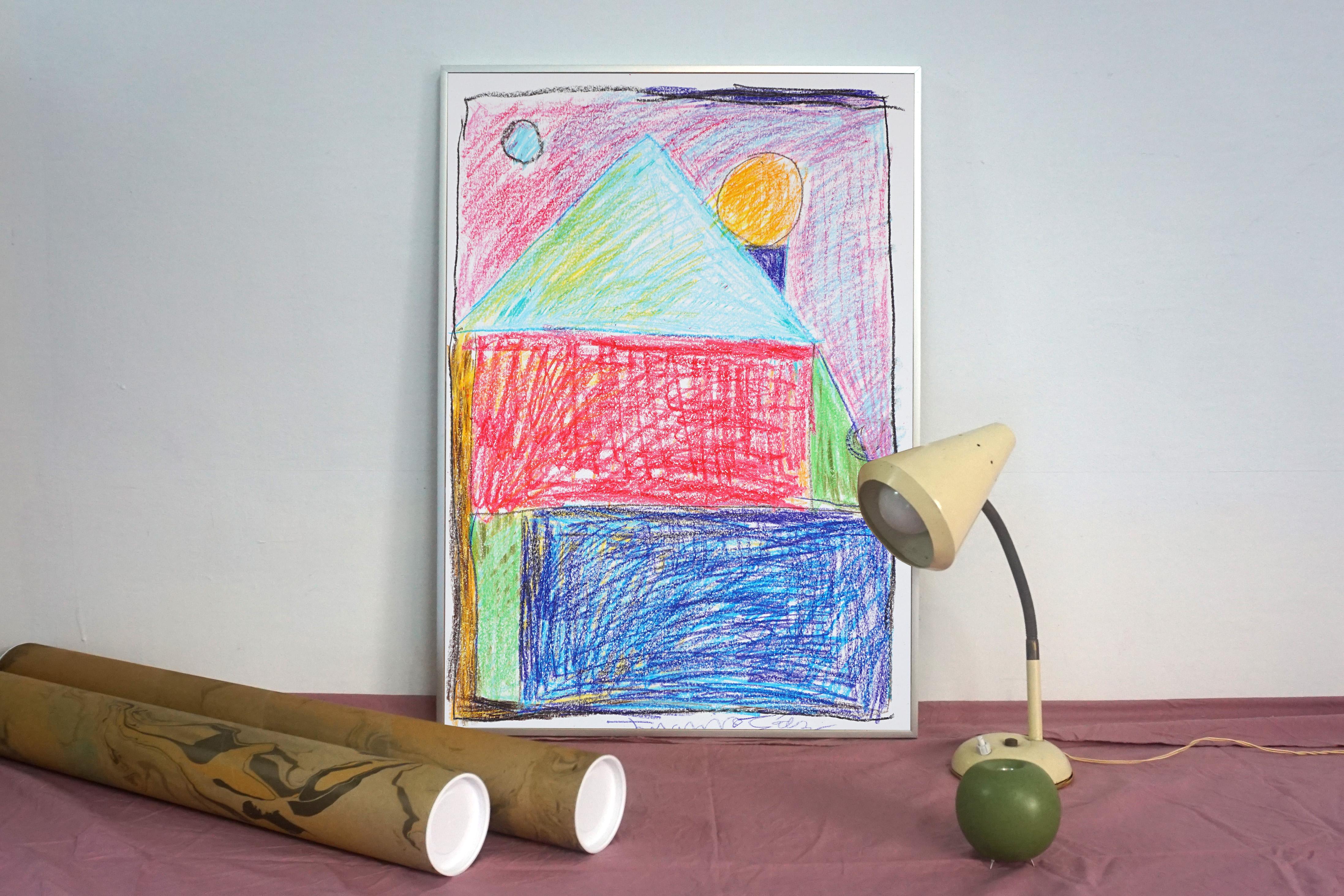 Wooden House, Colorful Geometric Art, Contemporary Naive, Expressive Crayon - Gray Landscape Painting by Juanjo Saez