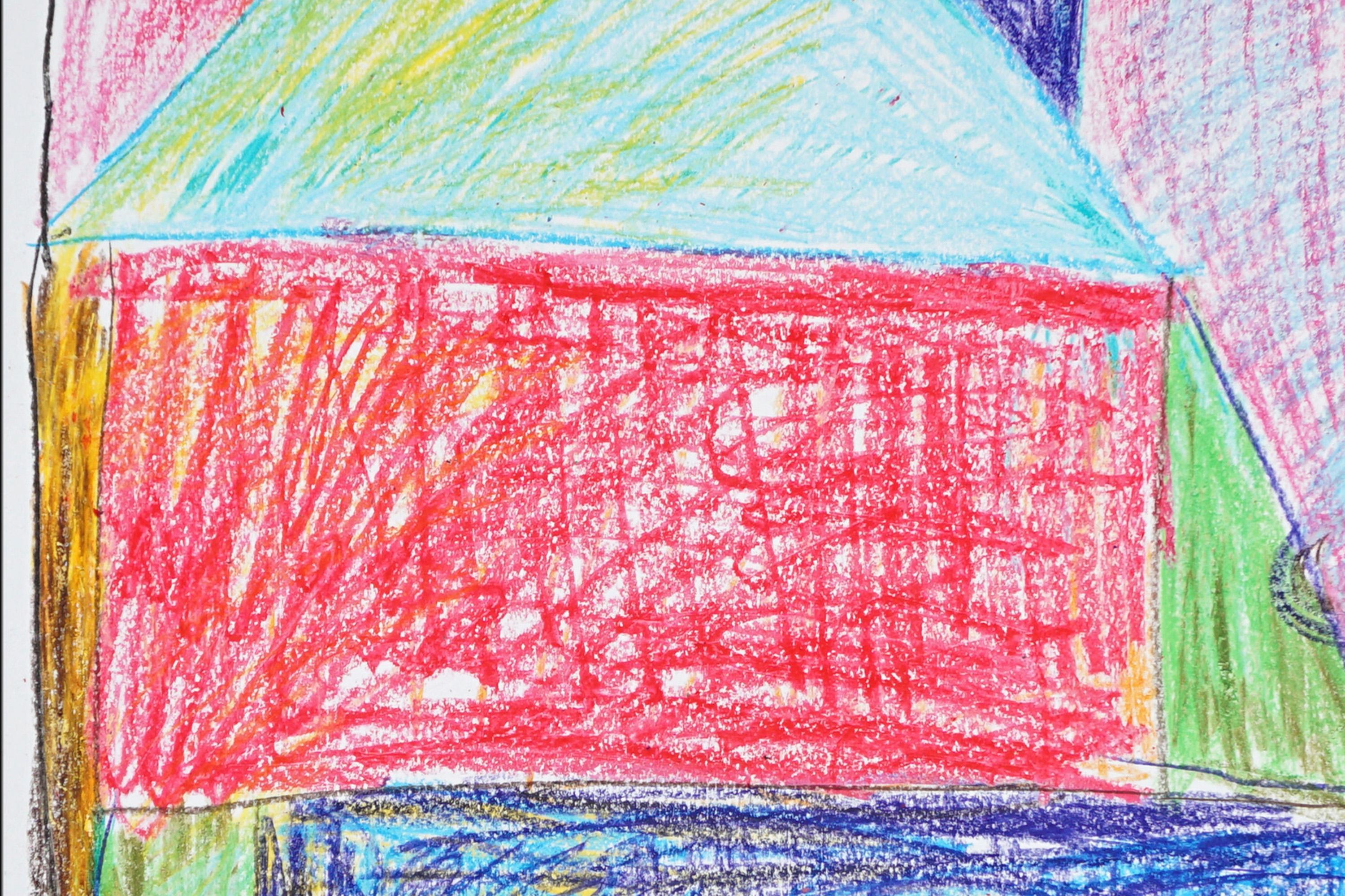 Wooden House, Colorful Geometric Art, Contemporary Naive, Expressive Crayon For Sale 3