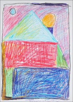 Wooden House, Colorful Geometric Art, Contemporary Naive, Expressive Crayon
