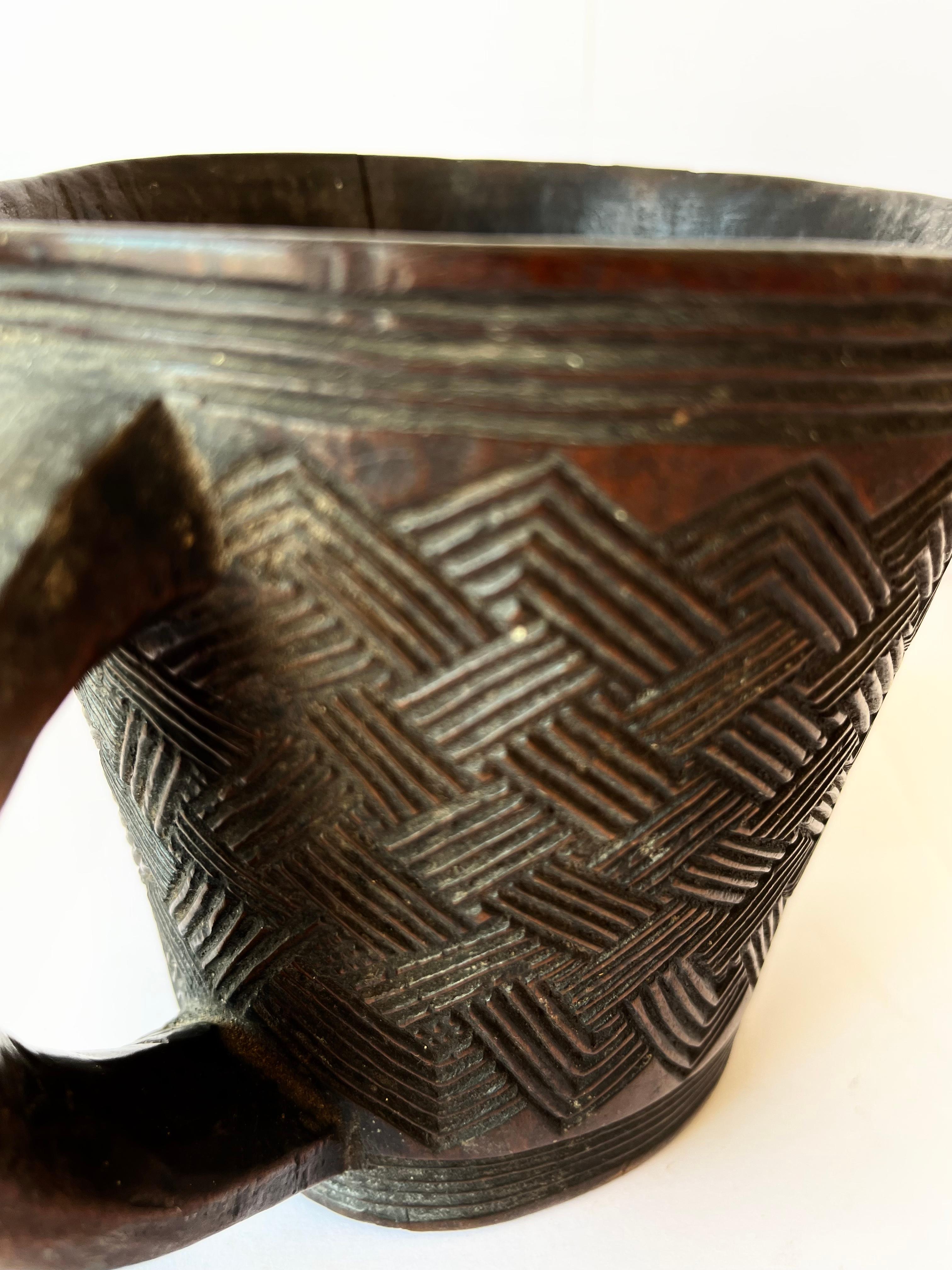 Congolese Kuba Palm Wine Bowl with Handle Geometric Motifs All Around For Sale