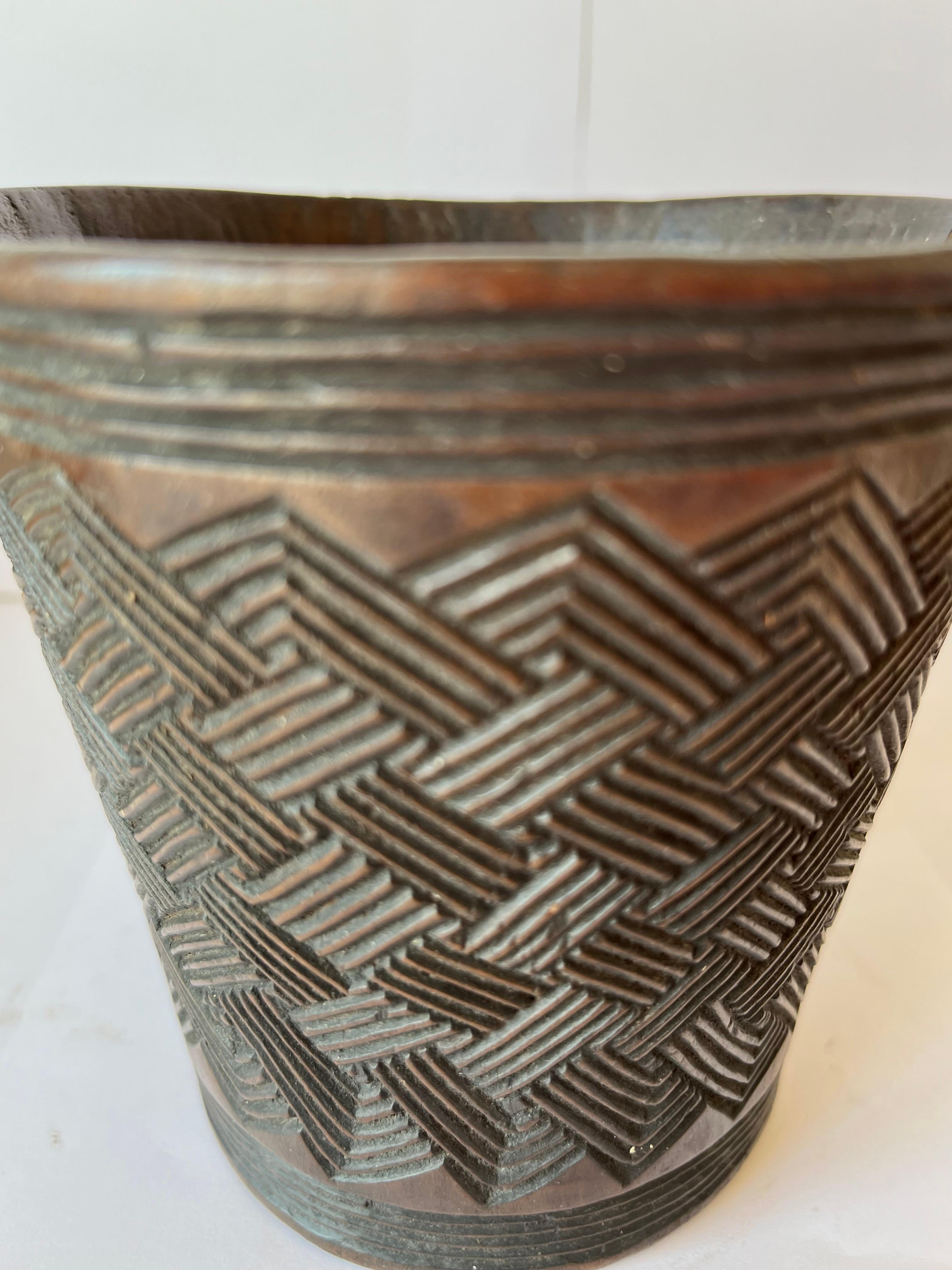 Hand-Carved Kuba Palm Wine Bowl with Handle Geometric Motifs All Around For Sale