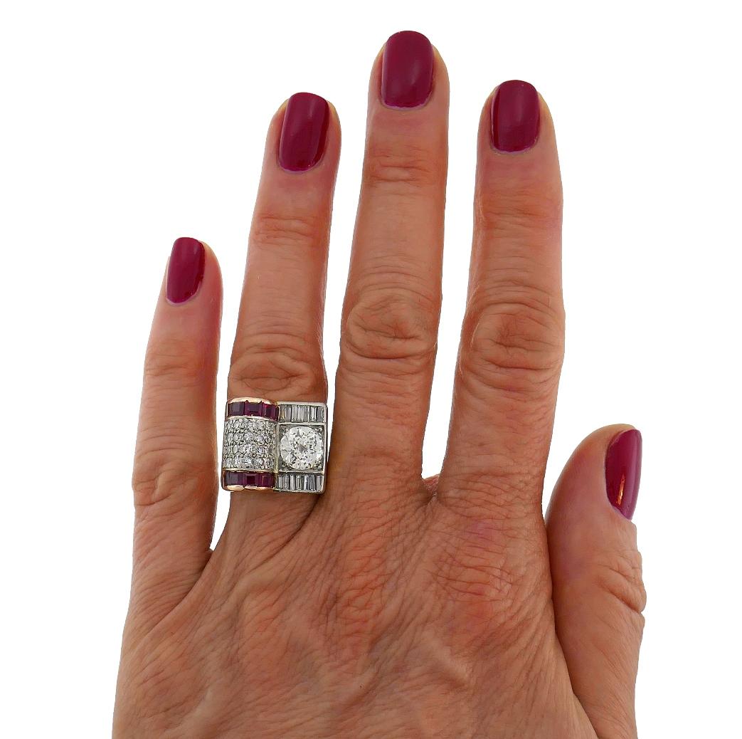 Stunning Retro ring created in Europe in the 1940's featuring an exceptional rare cut diamond with the characteristics of both, rose and brilliant cuts, called the JUBILEE cut. The diamond weight was estimated as approximately 1.85-carat, N color,