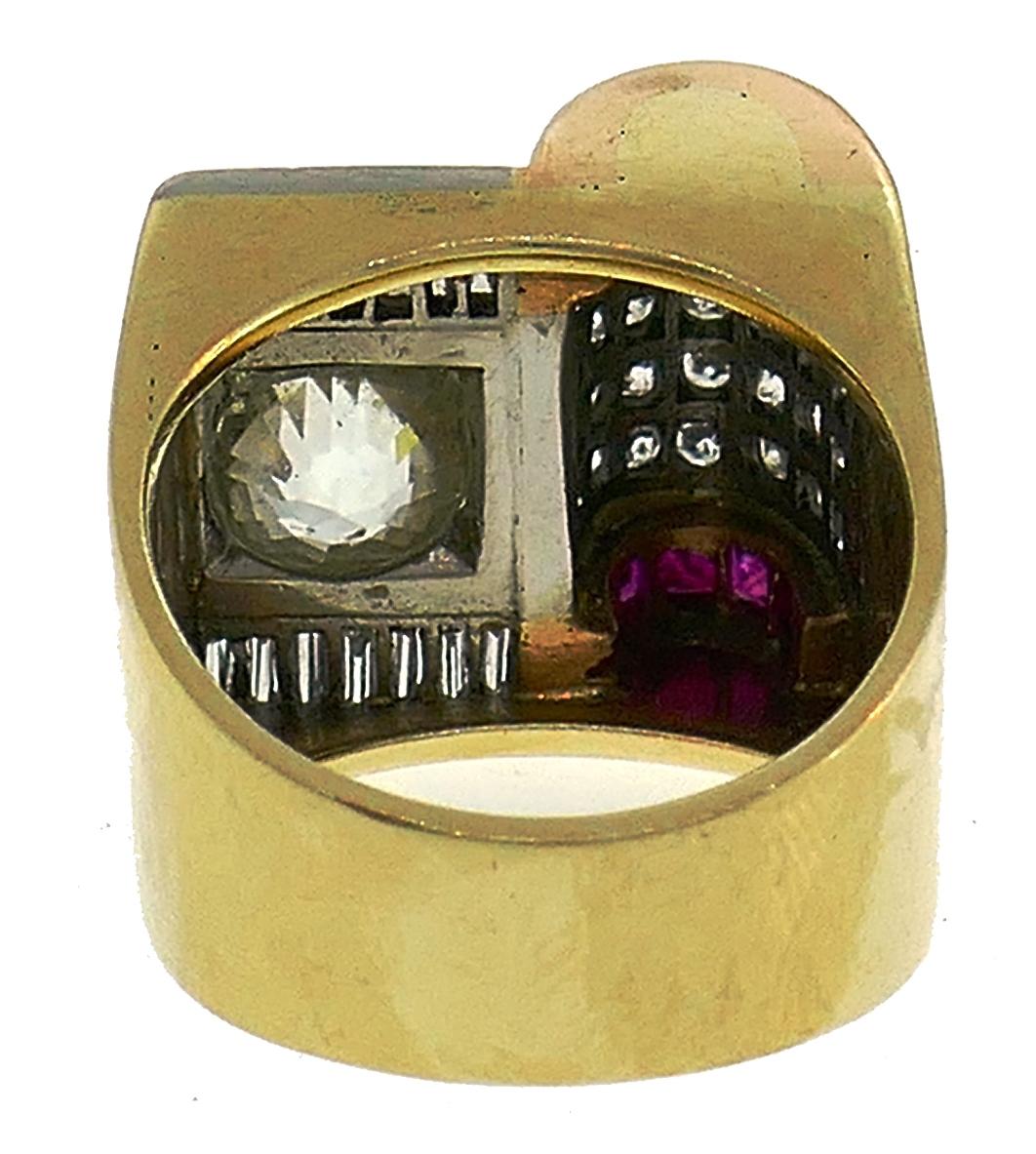 Jubilee Cut Diamond Ruby Gold Retro Ring In Good Condition For Sale In Beverly Hills, CA