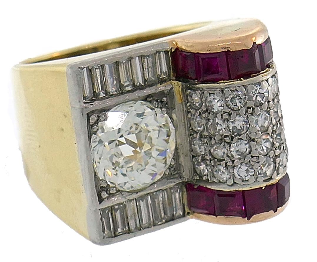 Jubilee Cut Diamond Ruby Gold Retro Ring For Sale 1