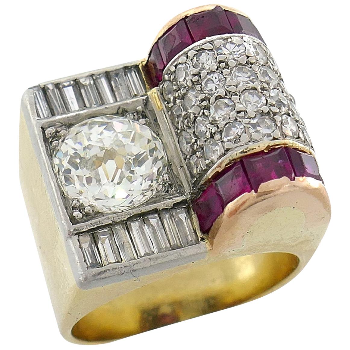 Jubilee Cut Diamond Ruby Gold Retro Ring For Sale