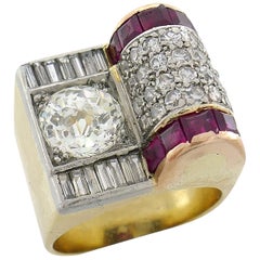 Jubilee Cut Diamond Ruby Gold Retro Ring