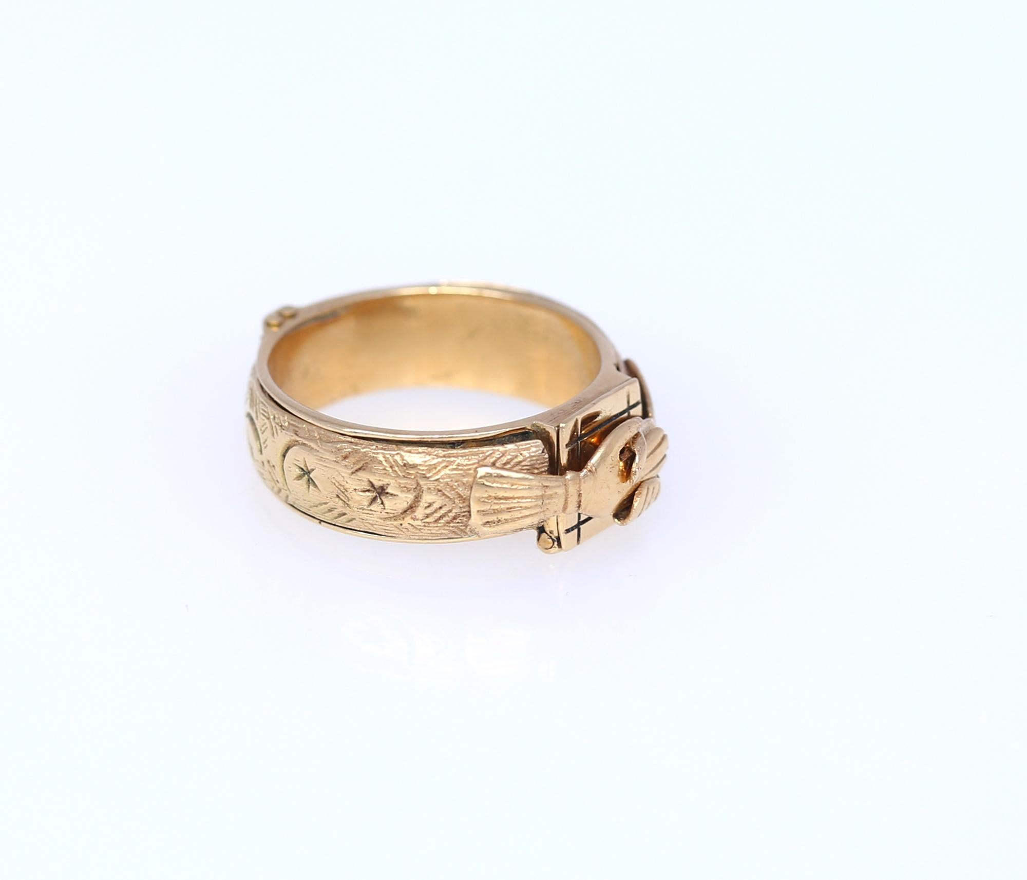 Judaic Engagement 18K Gold Ring with a Secret. The handshake opens to reveal the small secret compartment that was used for perfumed cloth or a hair curl of a loved one.
The inscription is visible only when the “hands” are open. In Hebrew says Mazal