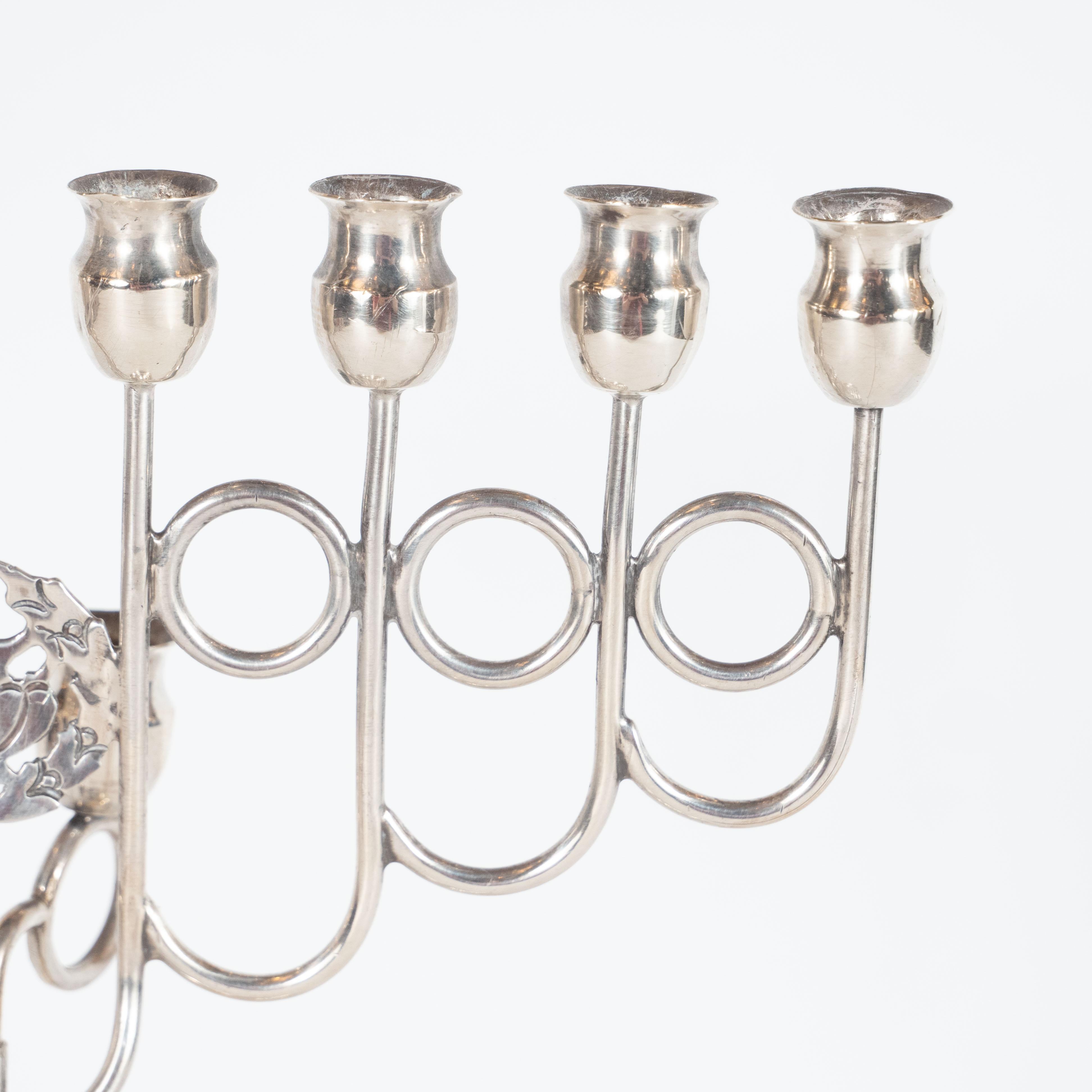Judaica Art Deco White Metal Skyscraper Style Hand Wrought Chanukah Menorah In Excellent Condition In New York, NY