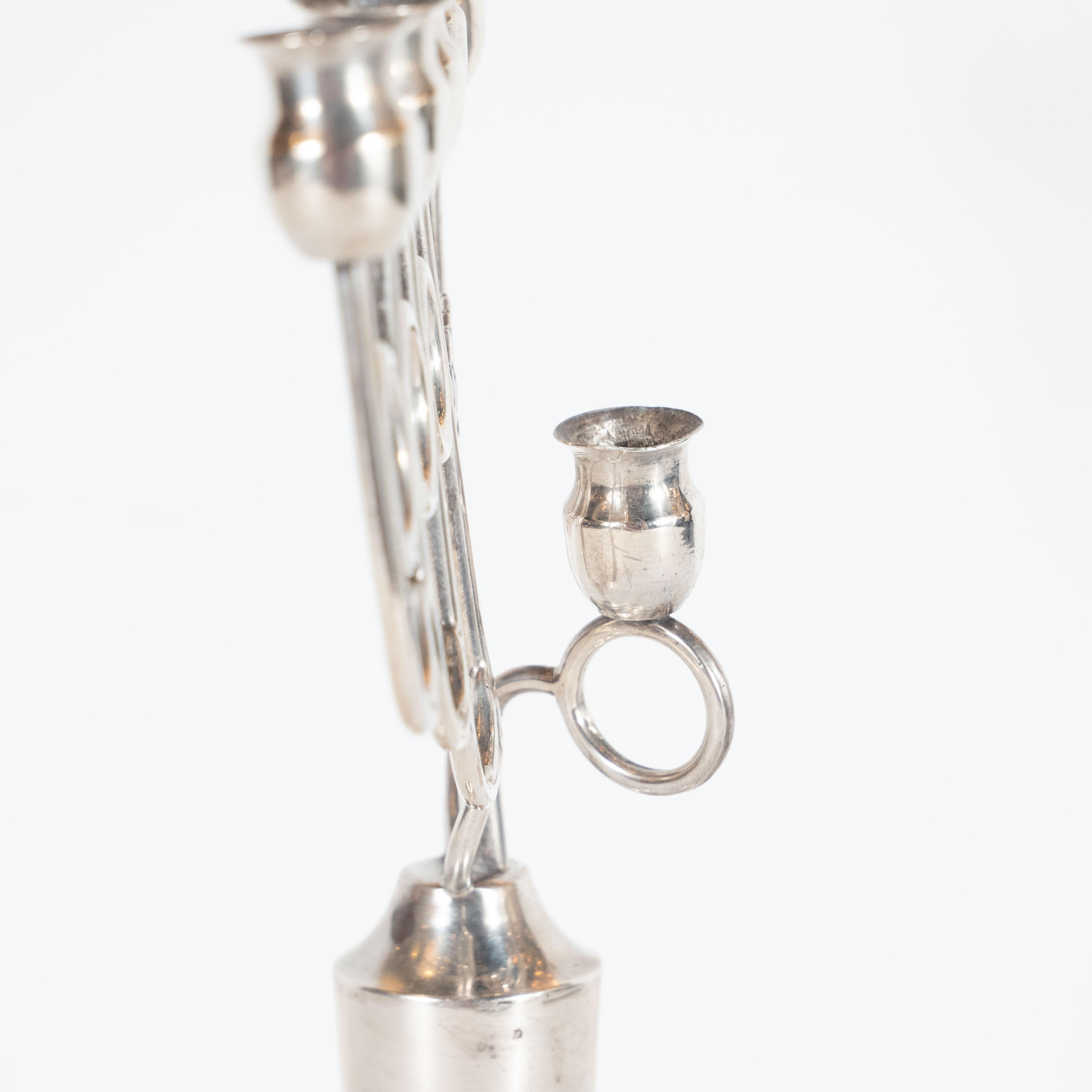 Mid-20th Century Judaica Art Deco White Metal Skyscraper Style Hand Wrought Chanukah Menorah