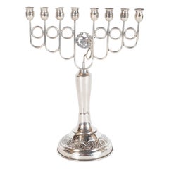 Vintage Judaica Art Deco White Metal Skyscraper Style Hand Wrought Chanukah Menorah