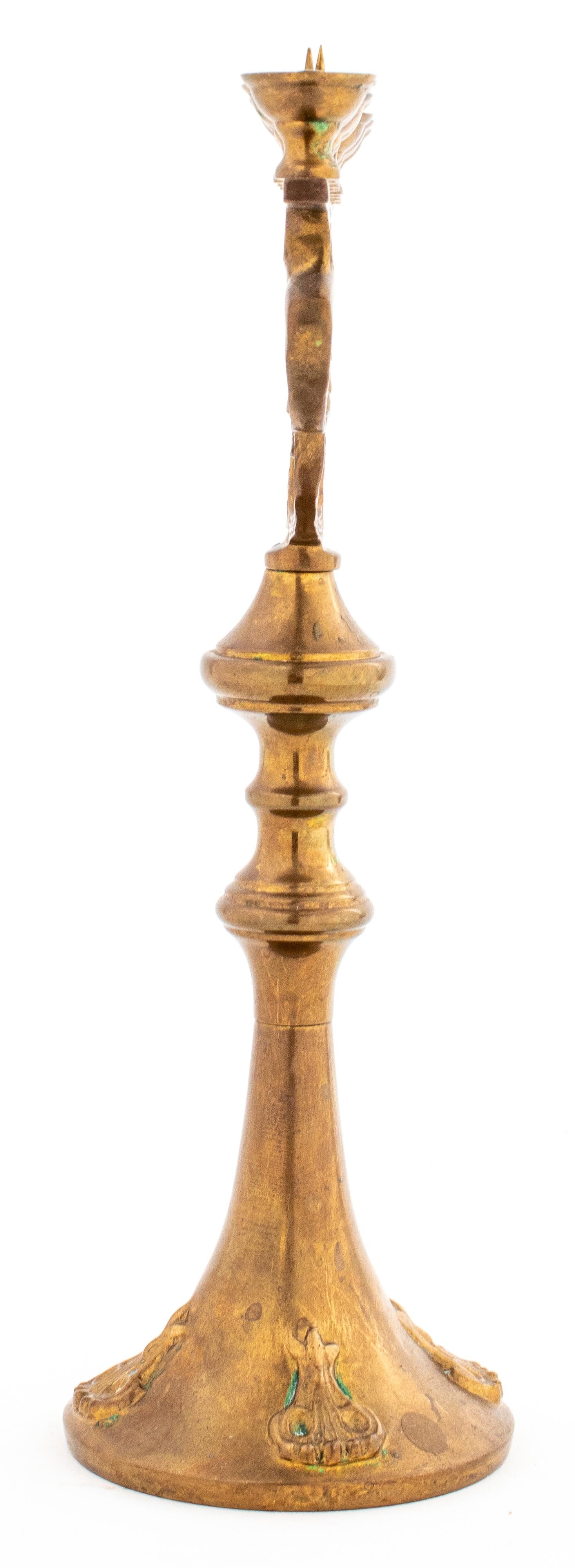 Brass Judaica / Hanukkah menorah with decorative Art Nouveau style details, marked to underside: 