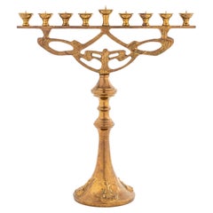 Retro Judaica Brass Menorah W/Art Nouveau Style Design