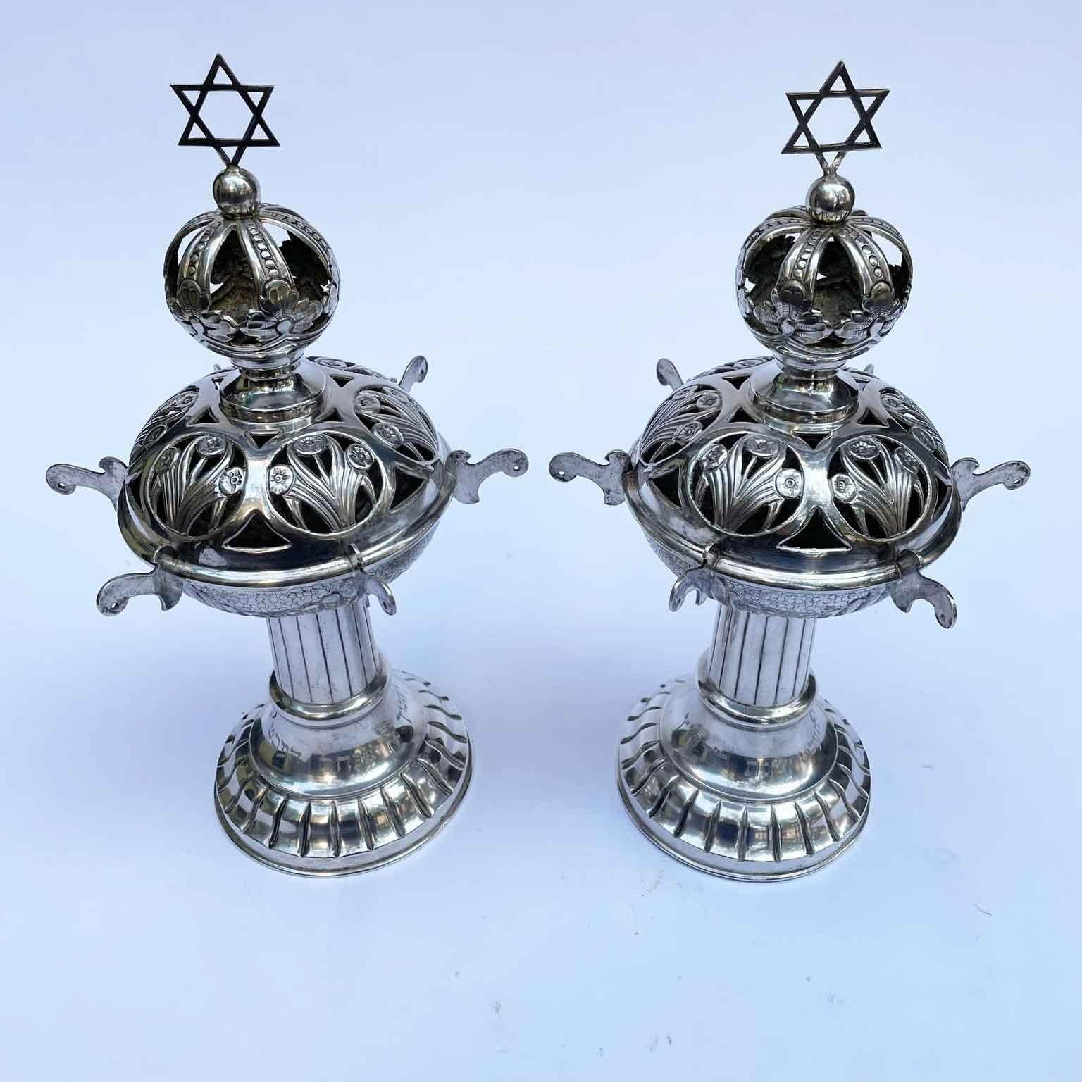 Pair of Silver Torah Finials Rimonim Czechoslovakian 1938 Judaica  2