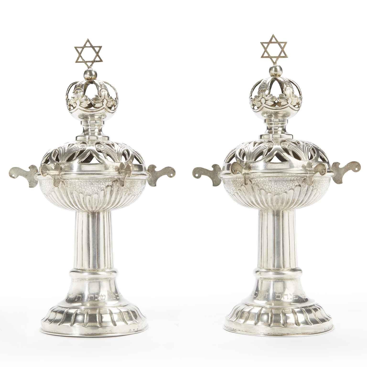 Other Pair of Silver Torah Finials Rimonim Czechoslovakian 1938 Judaica 